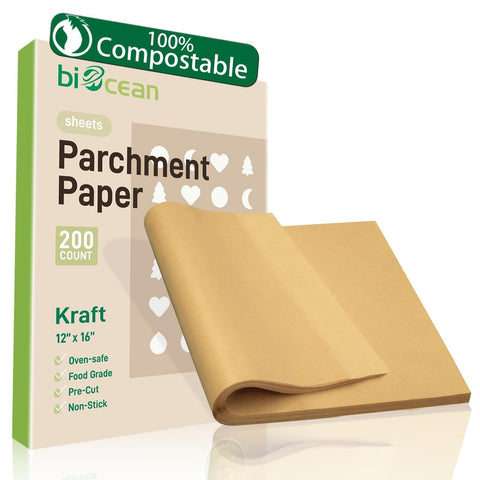 Biocean papel pergamino precortado, 200 piezas, ideal para hornear sin adherencias.