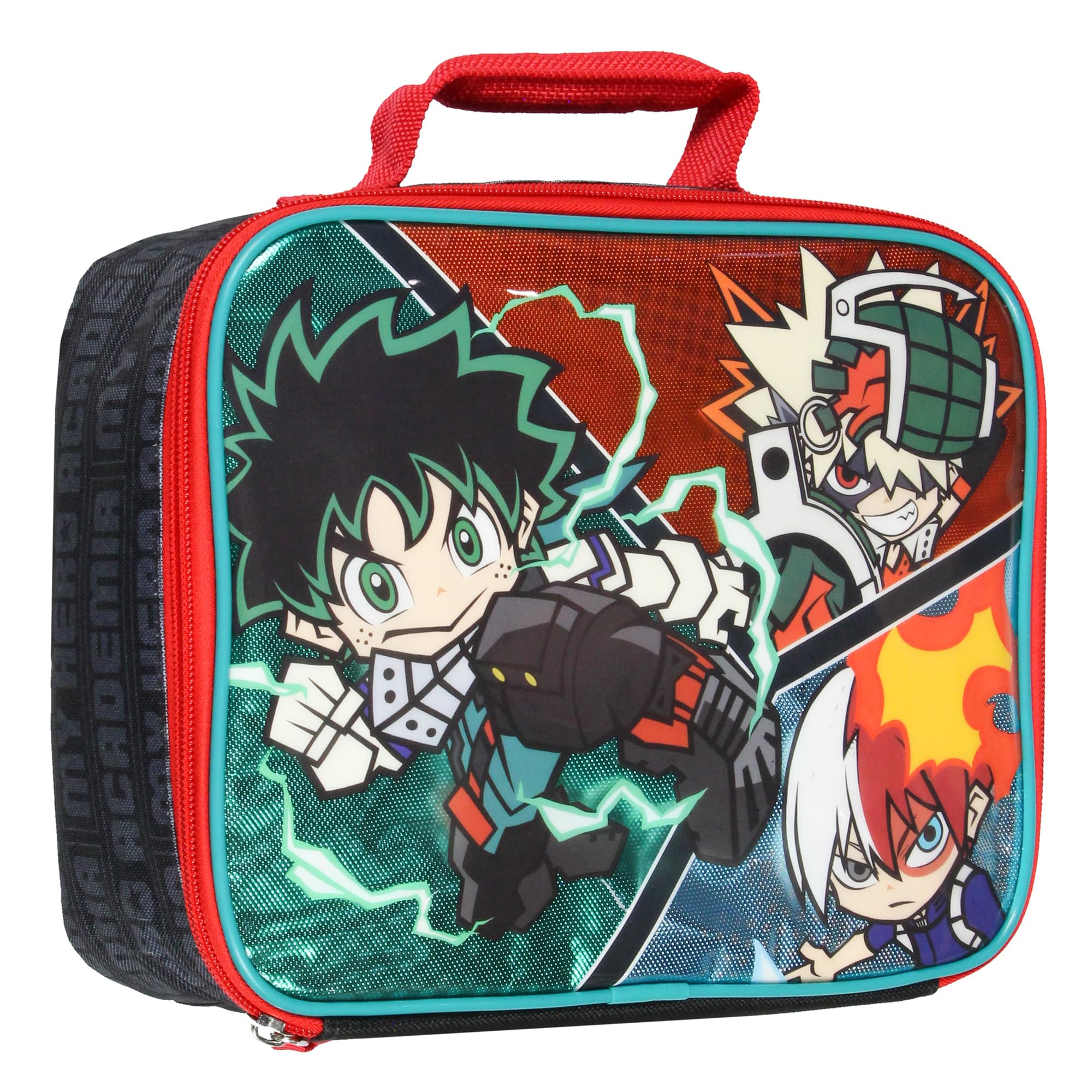 Bioworld caja de almuerzo MHA con diseño chibi Deku Bakugo Todoroki para la escuela.
