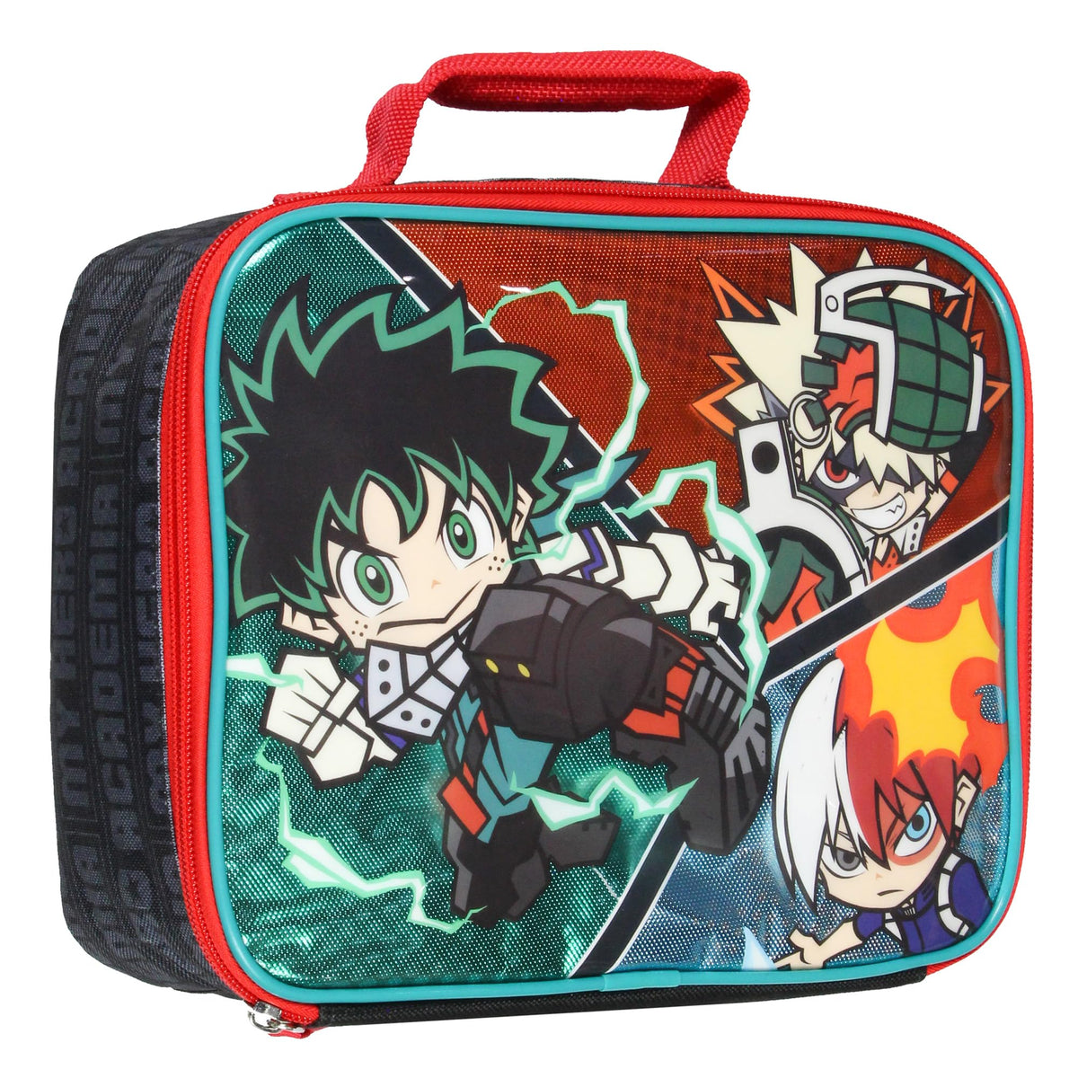 Bioworld caja de almuerzo MHA con diseño chibi Deku Bakugo Todoroki para la escuela.