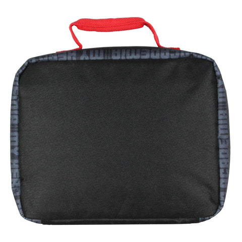 Bioworld caja-almuerzo MHA de dimensiones compactas para bolsillos escolares.