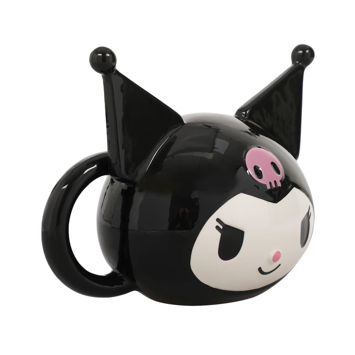 Bioworld Kuromi: capucha negra con símbolo rosa, detalle característico.