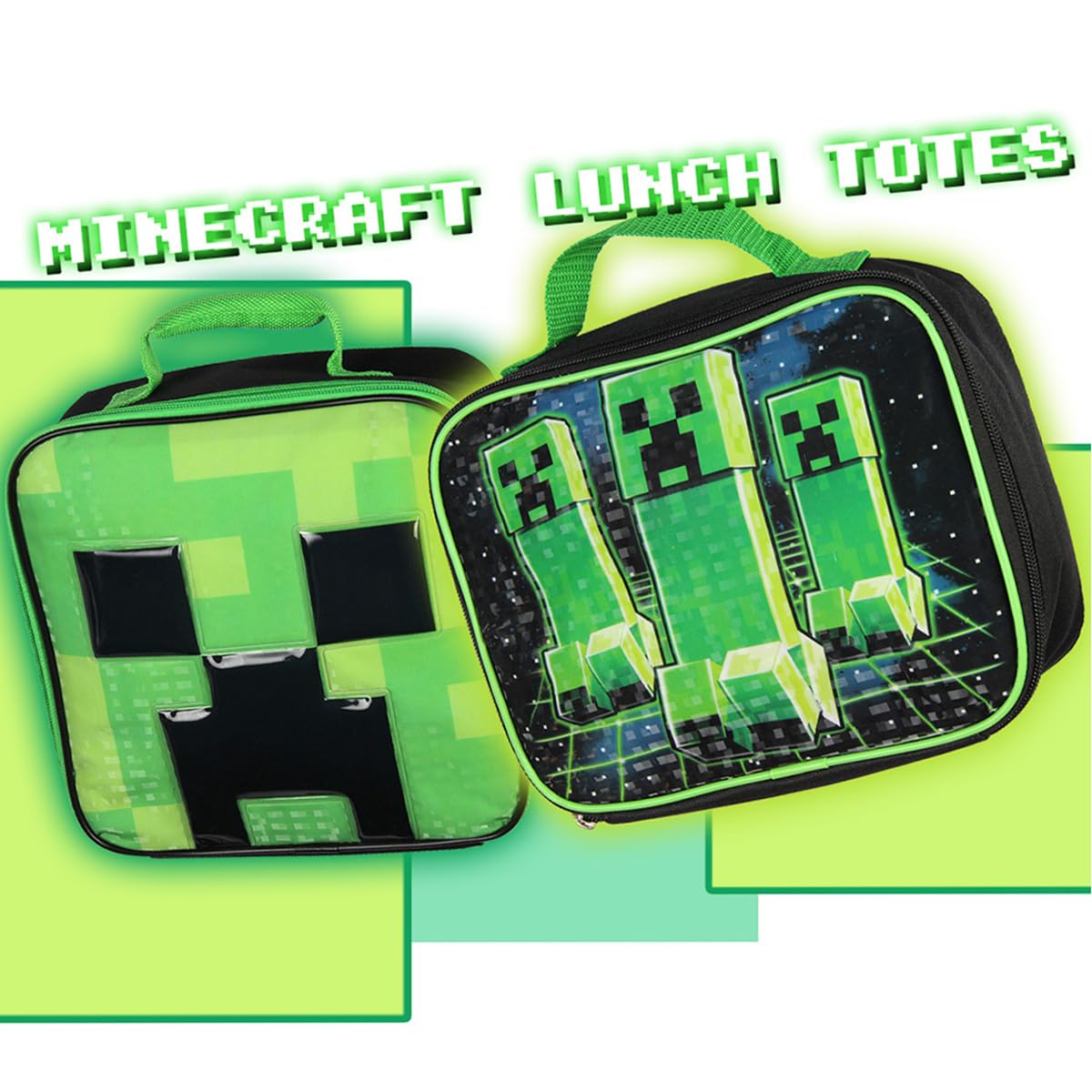 Bioworld Minecraft Creeper lonchera, cierre cremallera y asa superior para transporte.