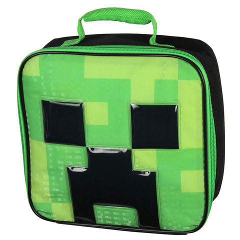 Bioworld Minecraft Creeper lonchera frontal con diseño de píxel para el aula.