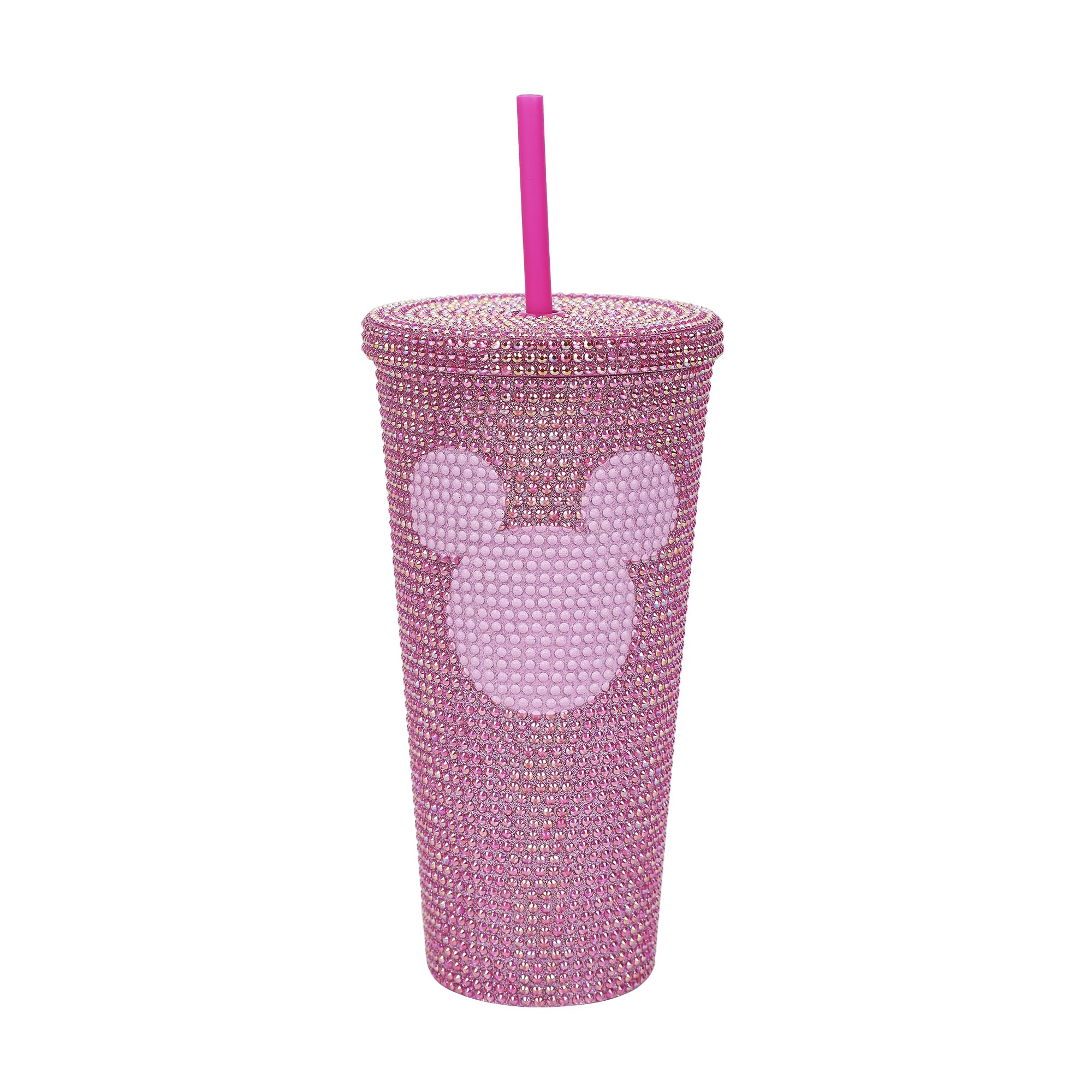 Vaso Bioworld rosa con tapa y pajilla reutilizable para llevar.