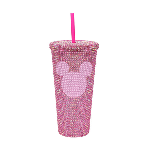 Vaso Bioworld rosa con tapa y pajilla reutilizable para llevar.