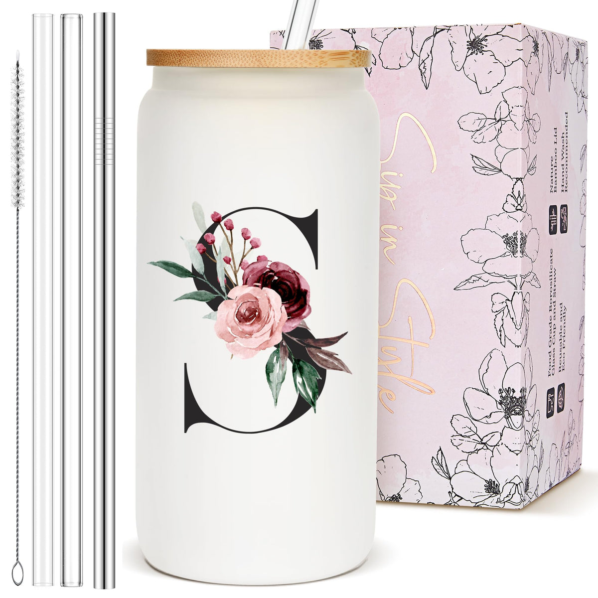 Copa BIPEDS con inicial floral y tapa, regalo elegante para mujer