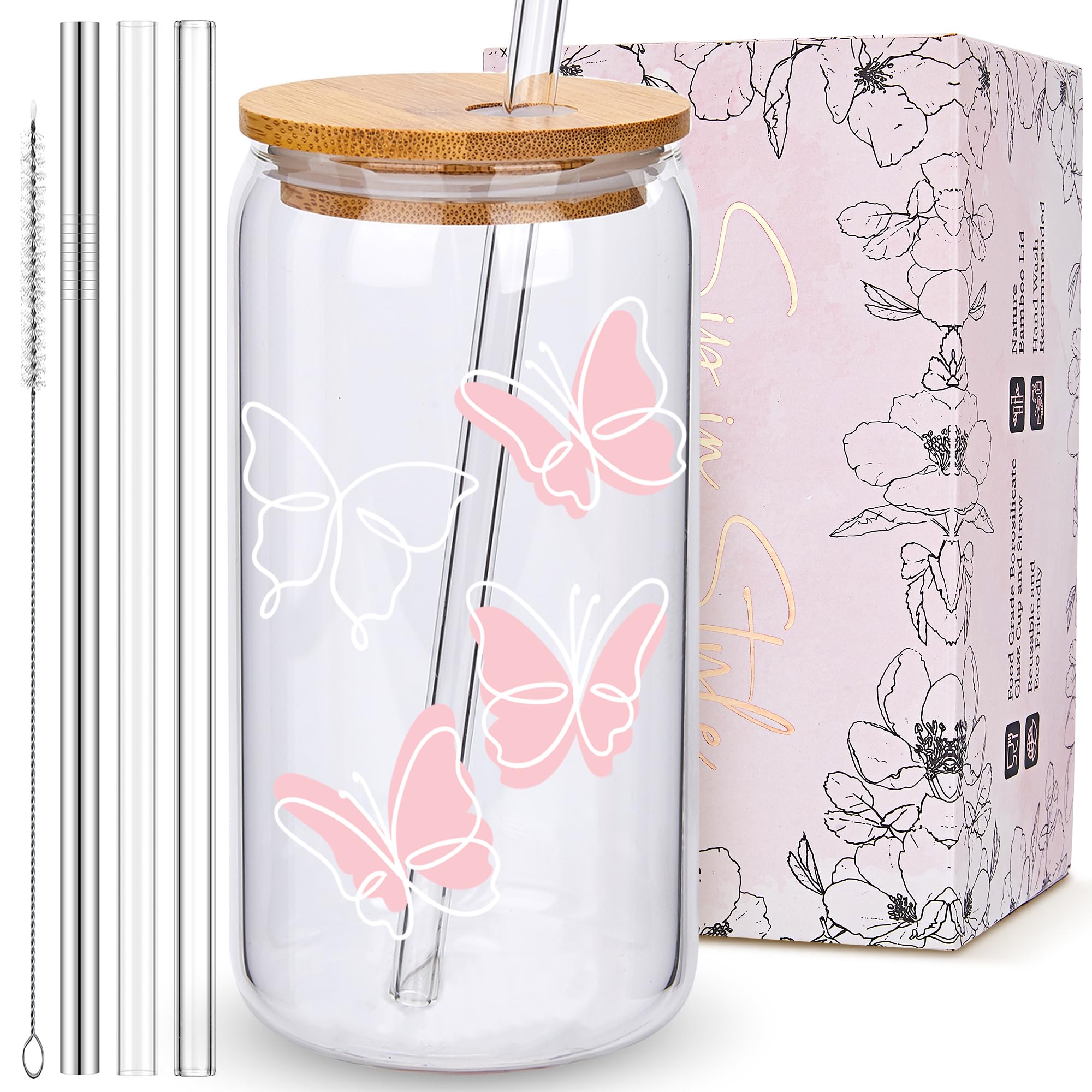 Copa de vidrio BIPEDS con mariposa rosa, ideal para café helado.