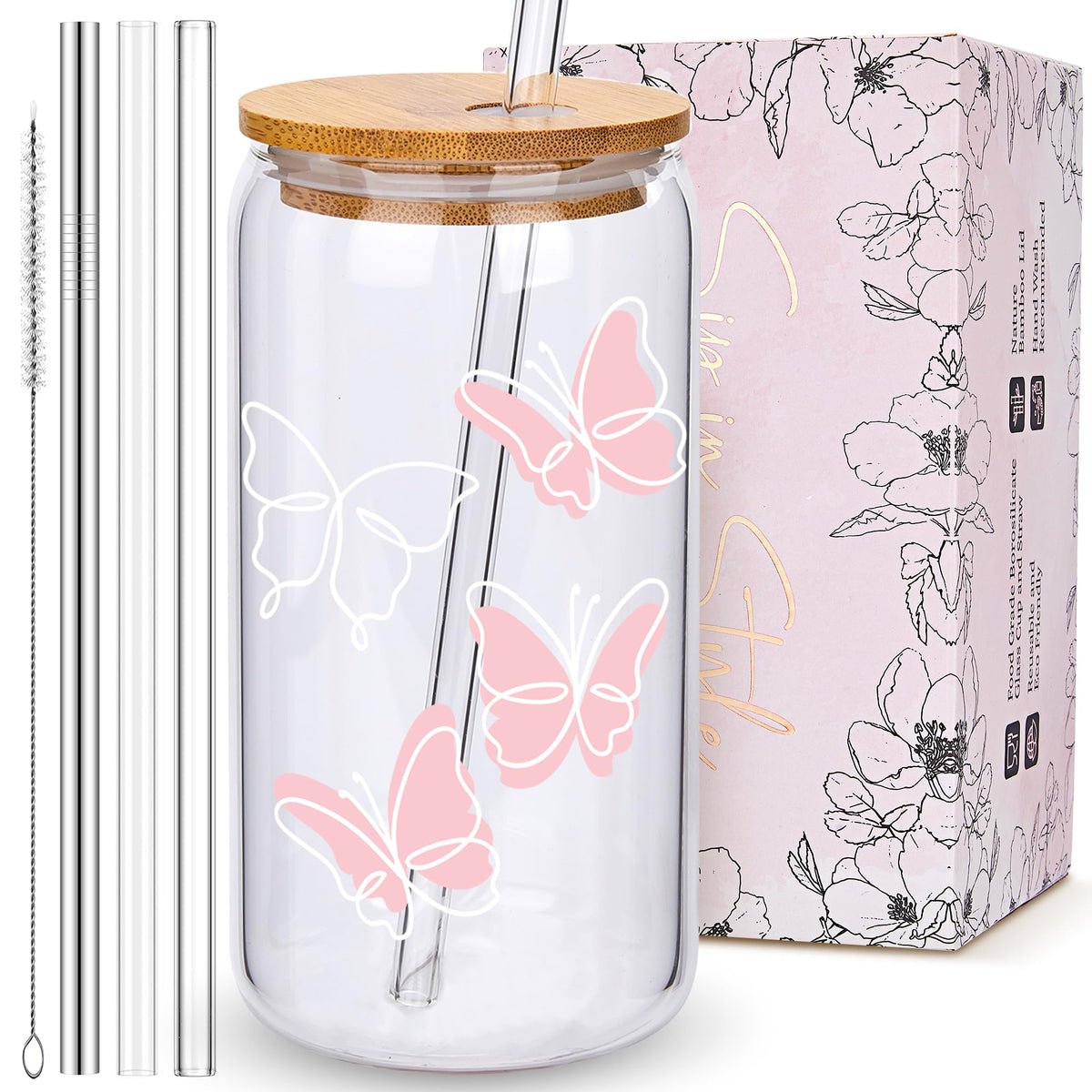 Copa de vidrio BIPEDS con mariposa rosa, ideal para café helado.