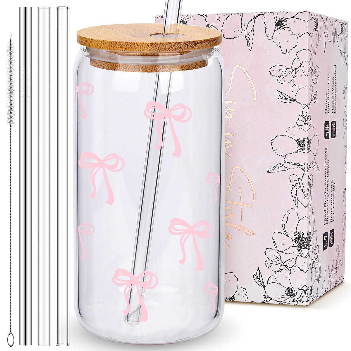Vaso de vidrio BIPEDS con lazo rosa, ideal para rutinas diarias.