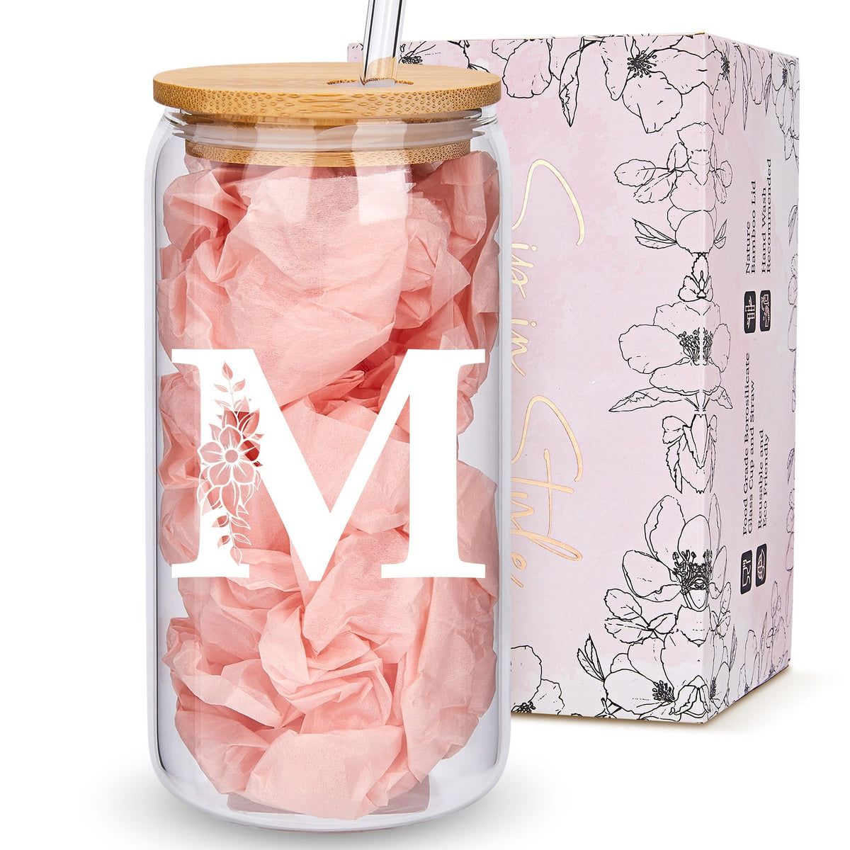 Vaso de vidrio BIPEDS monograma con tapa, regalo personalizado elegante para mujeres.
