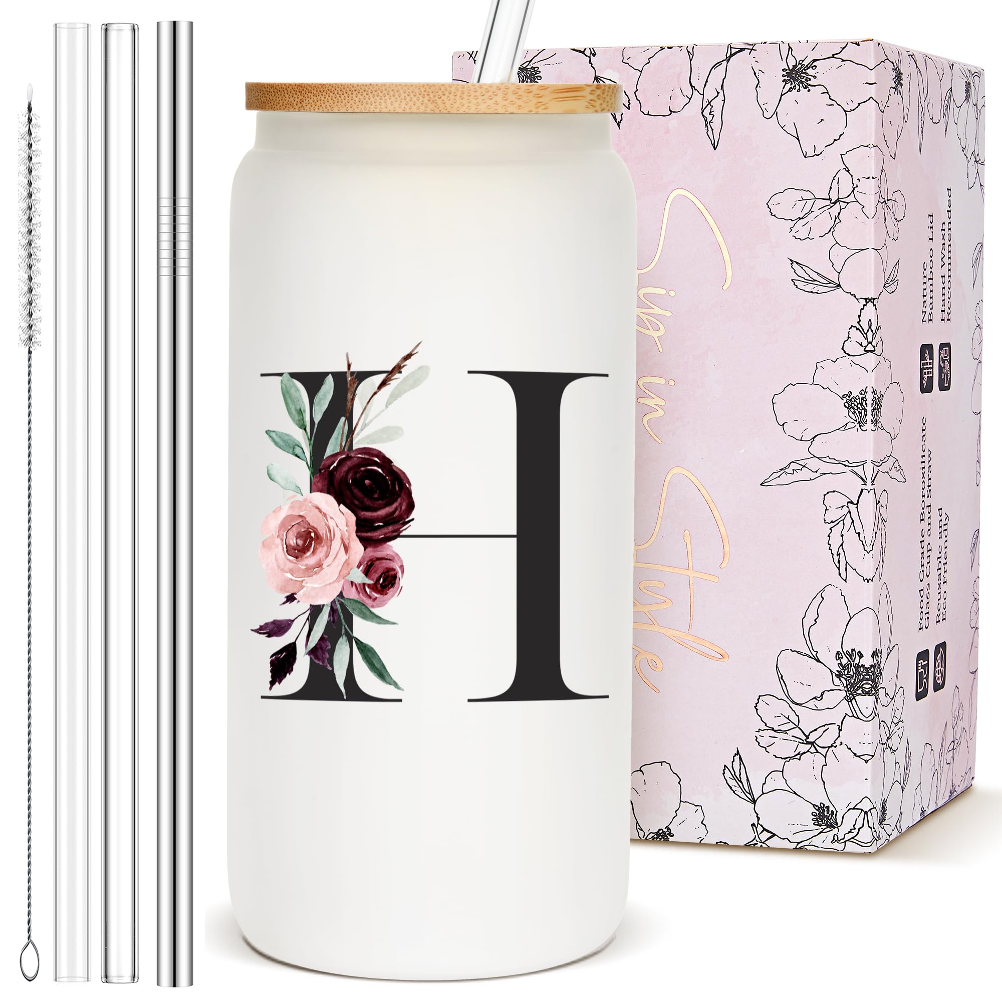 Vaso de cristal BIPEDS con iniciales florales, regalo elegante para ocasiones especiales.