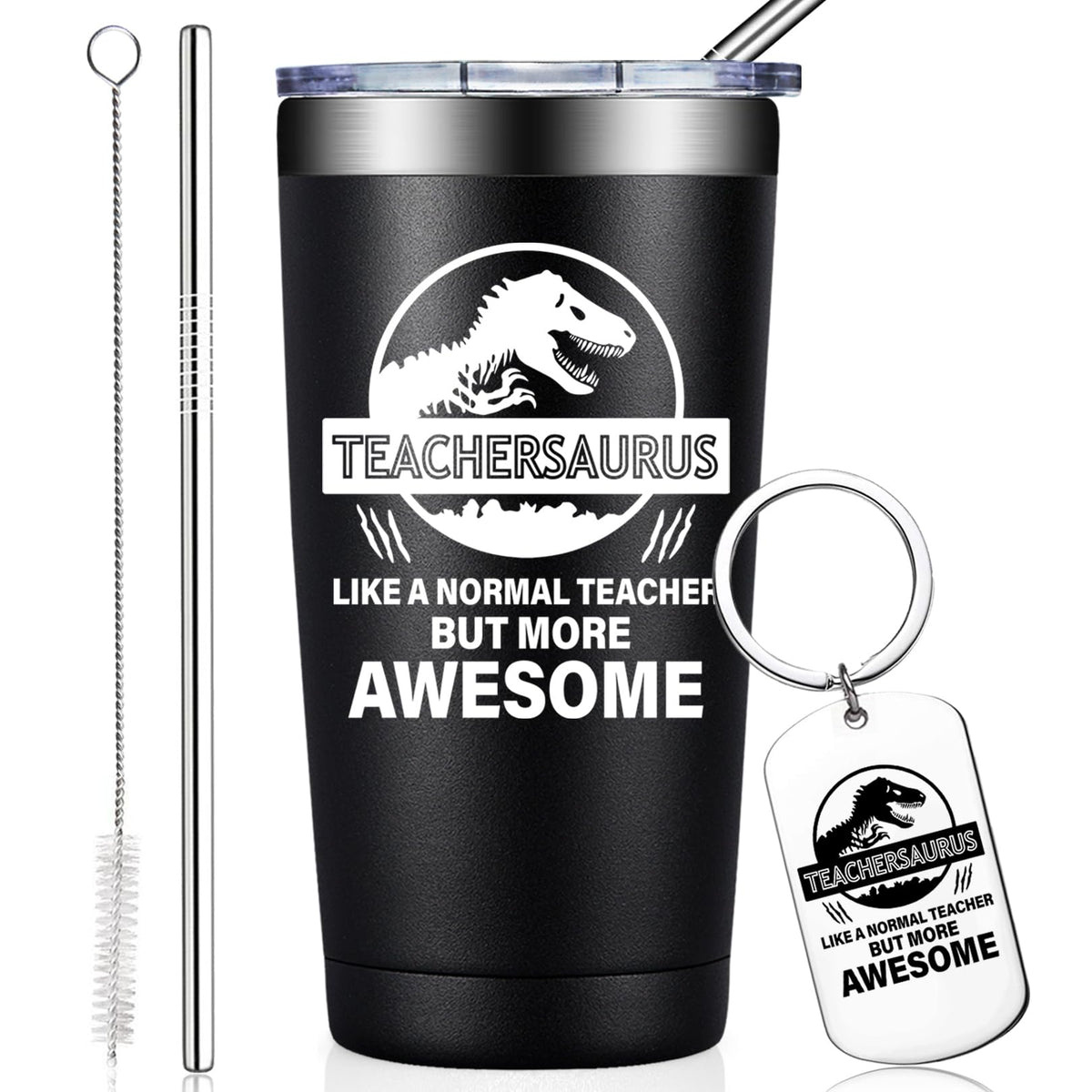 Taza Teachersaurus de 20oz de BIRGILT, vista frontal, regalo perfecto para docentes.