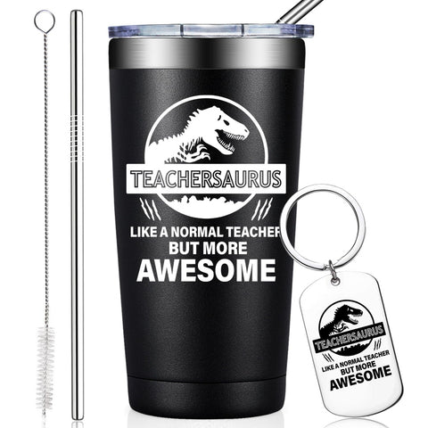 Taza Teachersaurus de 20oz de BIRGILT, vista frontal, regalo perfecto para docentes.