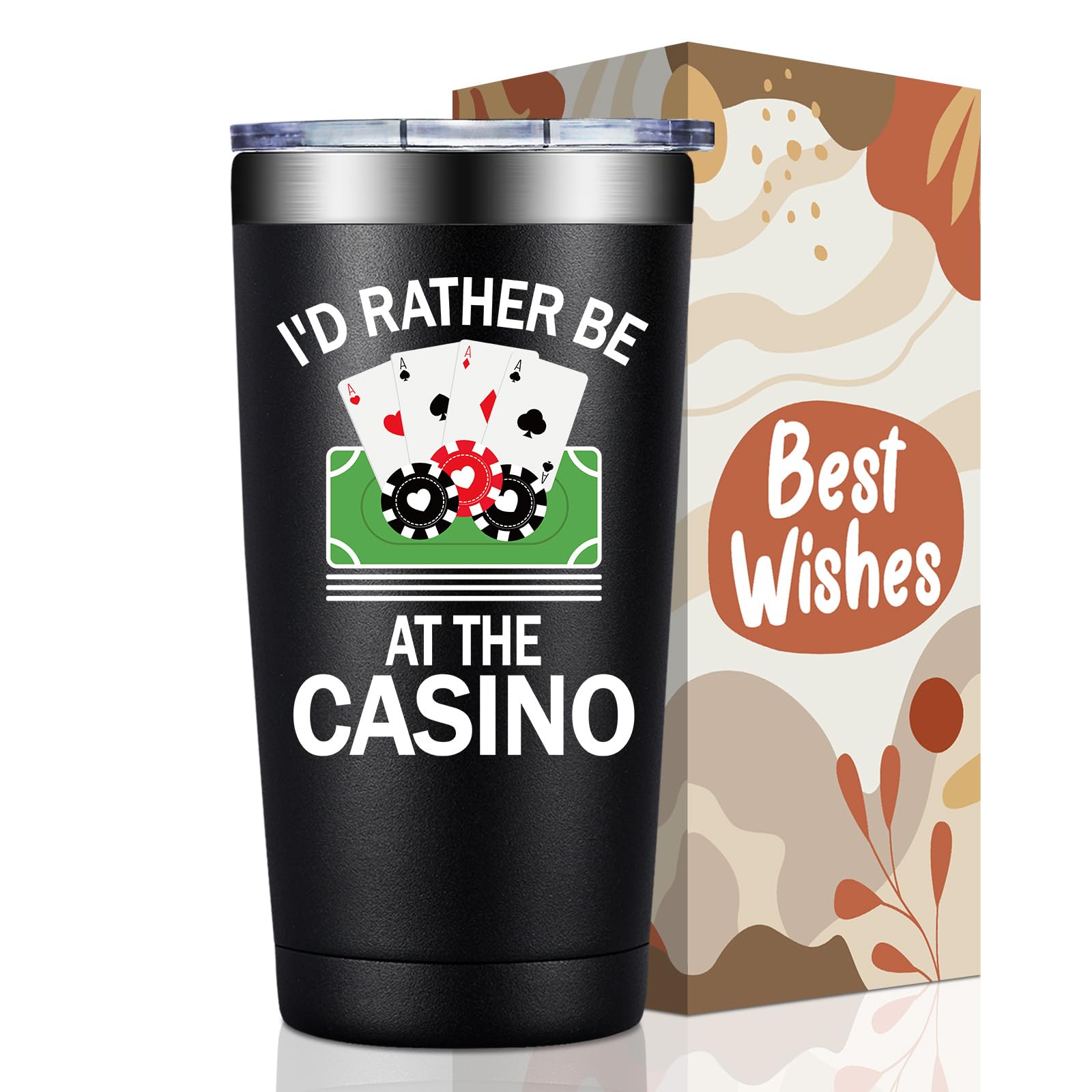 Vaso termico BIRGILT con vista frontal y tema de casino para bebidas frías o calientes.