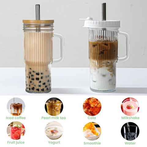 Pack doble Birity de vasos de cristal con tapas y pajillas.