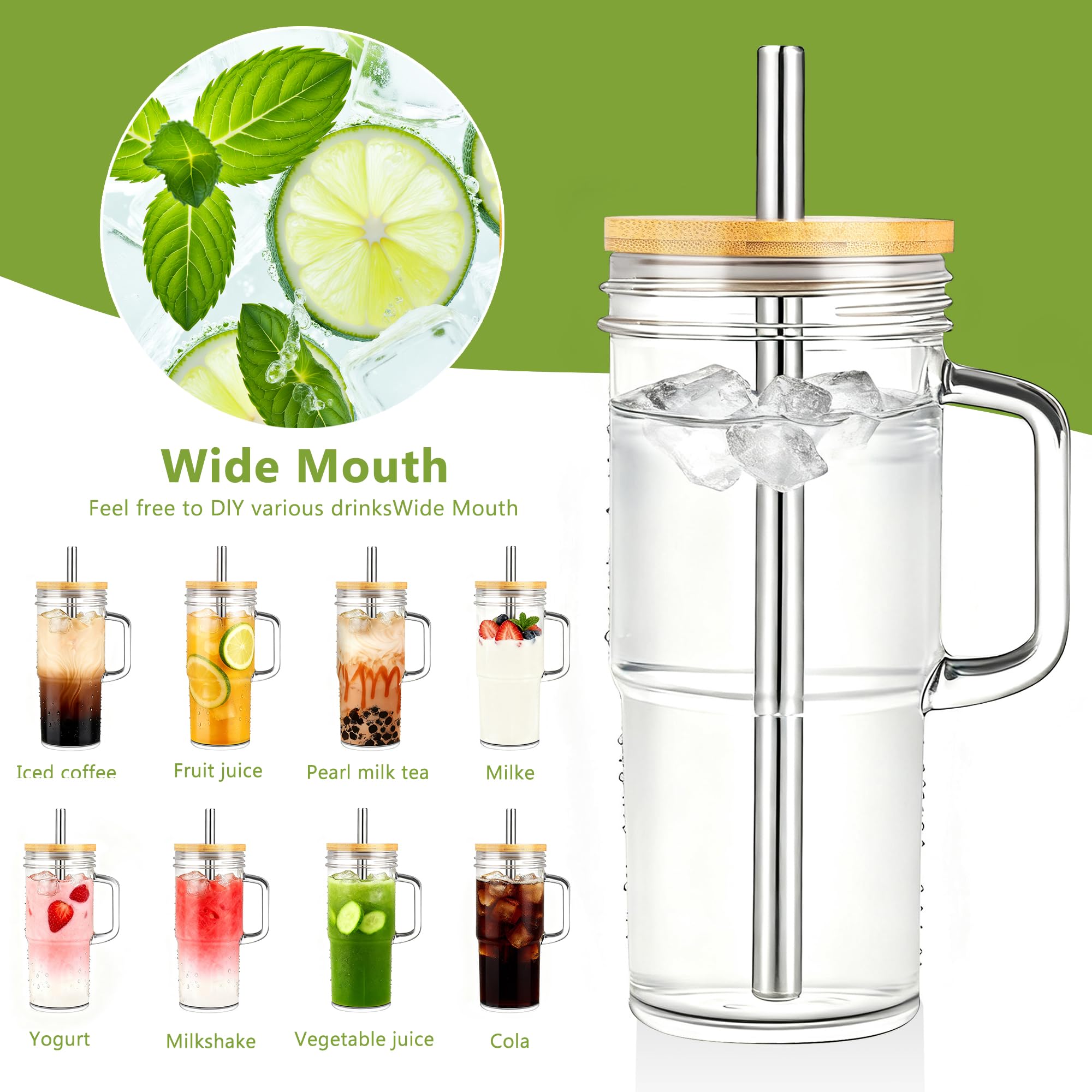Birity dos vasos vidrio con tapa y pajitas, prácticos para llevar bebidas frías.