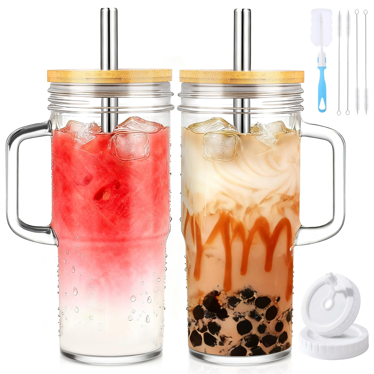 Birity vaso vidrio 24oz con tapa y asa, ideal para llevar bebidas.