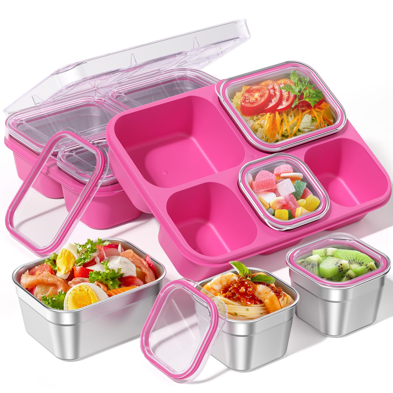BiuLeon Snackle con 5 compartimentos rosa, ideal para meriendas escolares