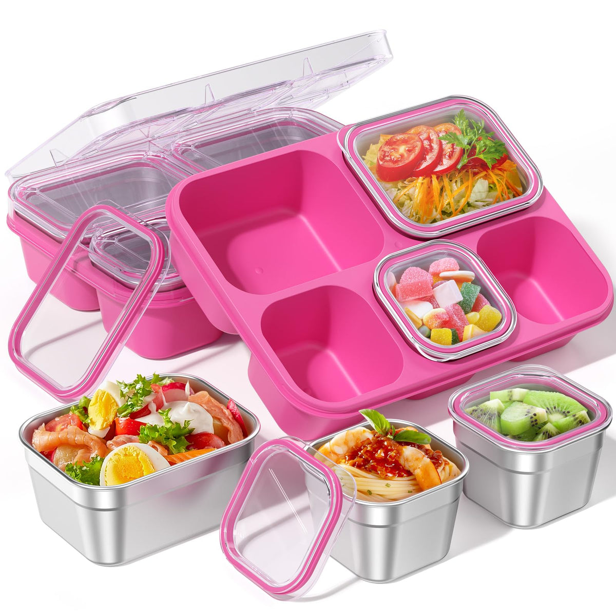 BiuLeon Snackle con 5 compartimentos rosa, ideal para meriendas escolares