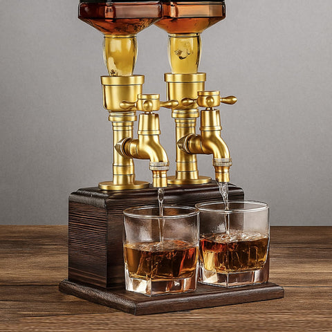 BIUMEICVIS dispensador whisky-steampunk-base-madera aporta carácter industrial y servicio sin goteos.