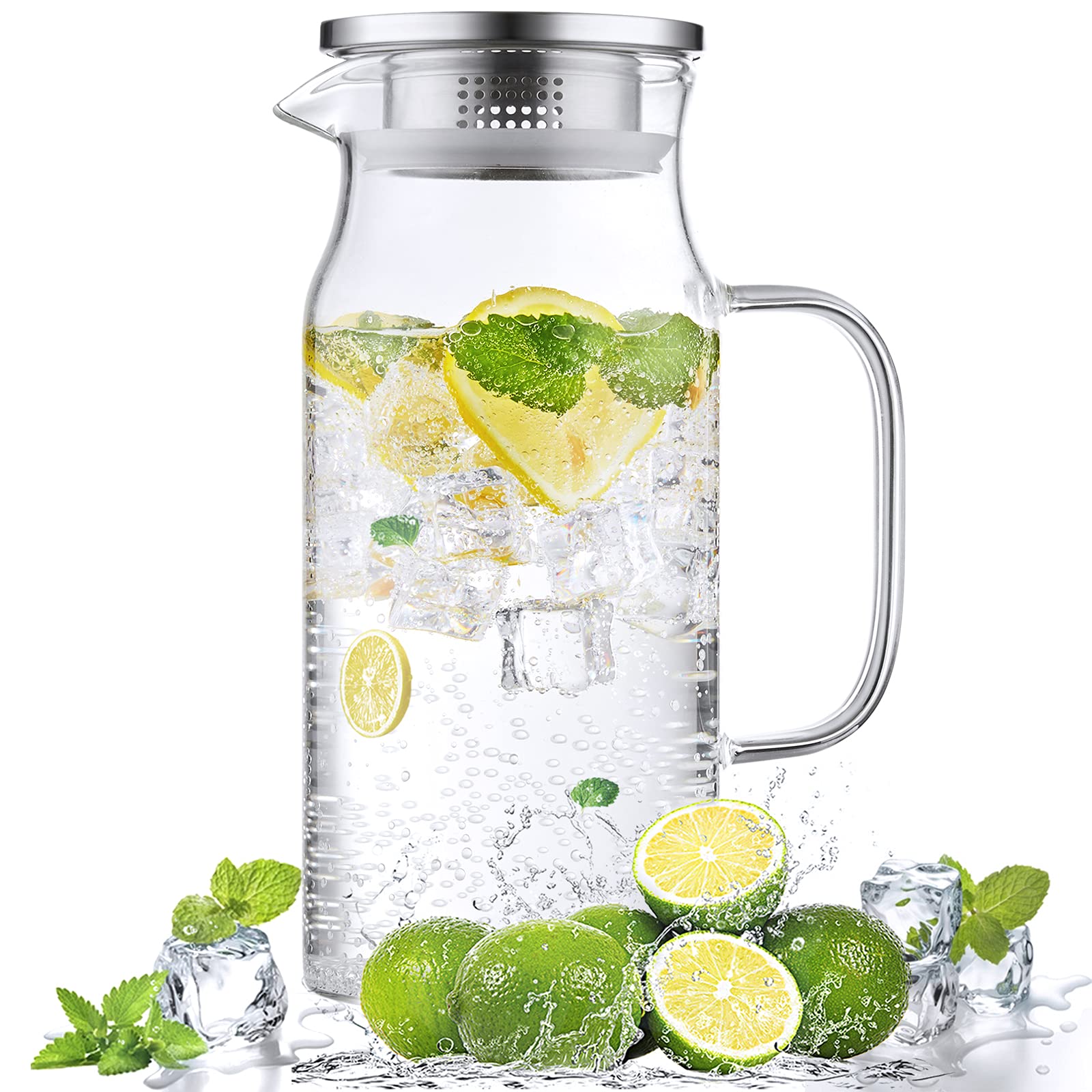 Jarra de vidrio Bivvclaz de 1,2 litros con tapa y mango, ideal para servir bebidas.