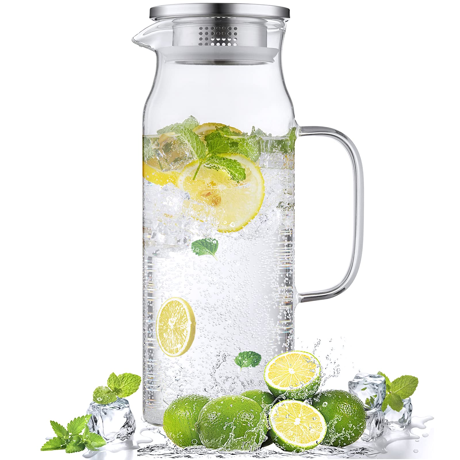 Jarra de vidrio Bivvclaz 1.6 L con tapa y asa, ideal para servir agua.