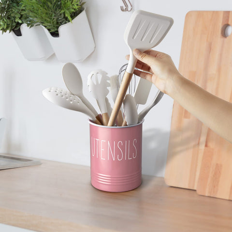 Bivvclaz porta-utensilios rosa, organiza cucharas y espátulas con estilo práctico.