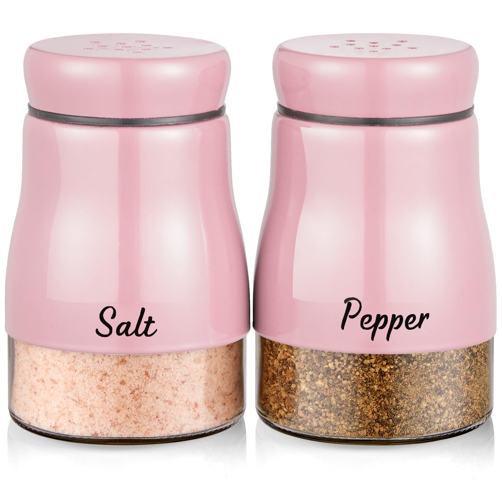 Conjunto rosa Bivvclaz sal y pimienta con base de vidrio para mesa ordenada.