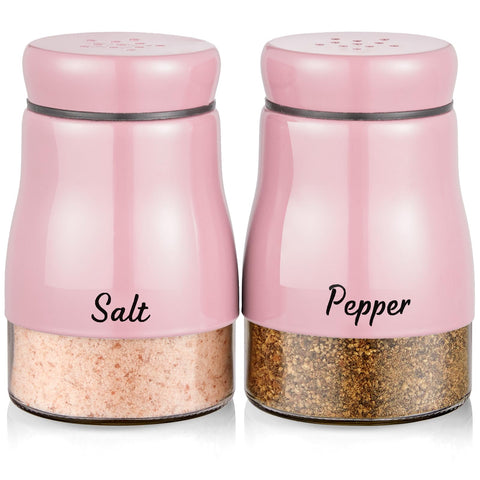 Conjunto rosa Bivvclaz sal y pimienta con base de vidrio para mesa ordenada.