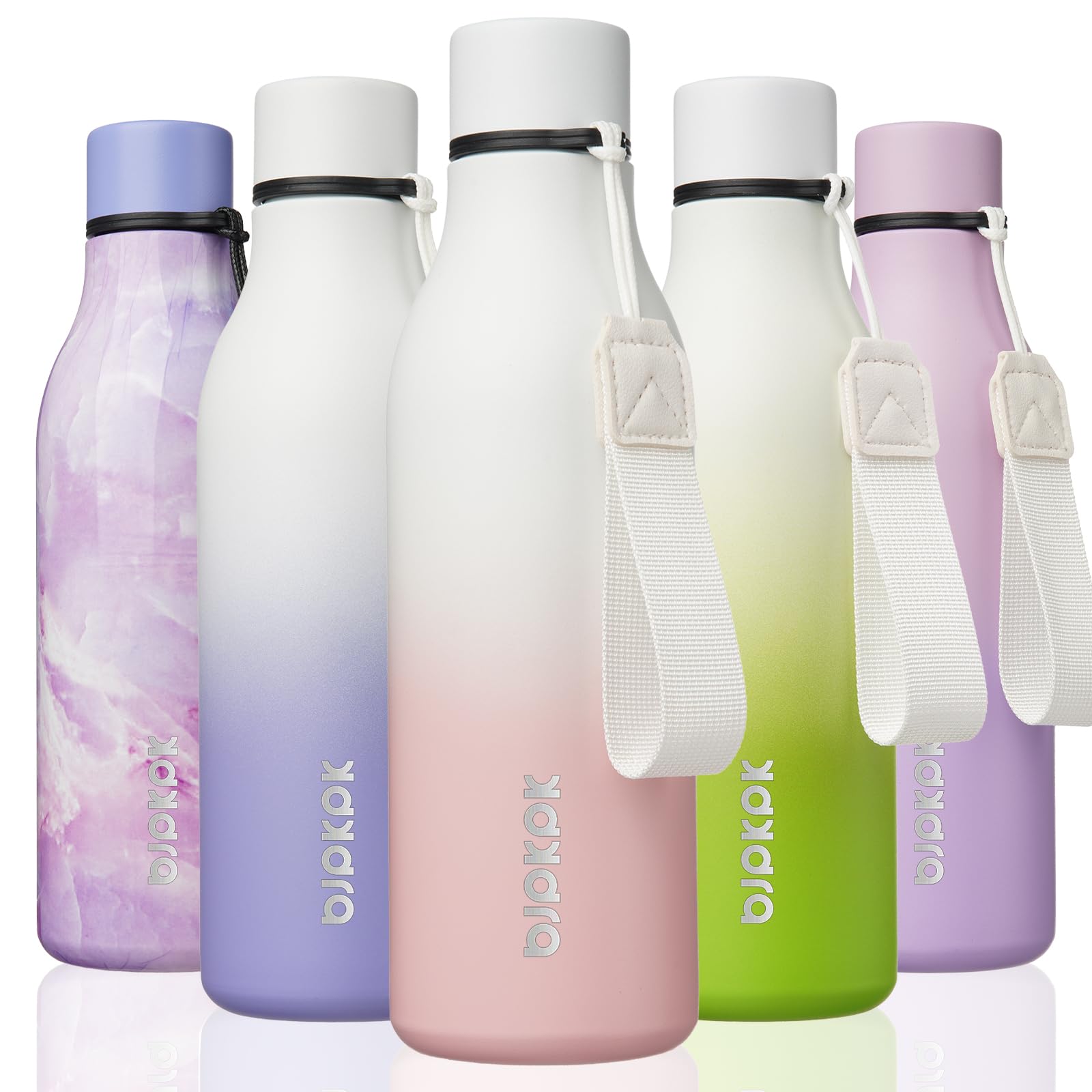 Botella BJPKPK rosa de 530 ml con correa, ideal para viajes.