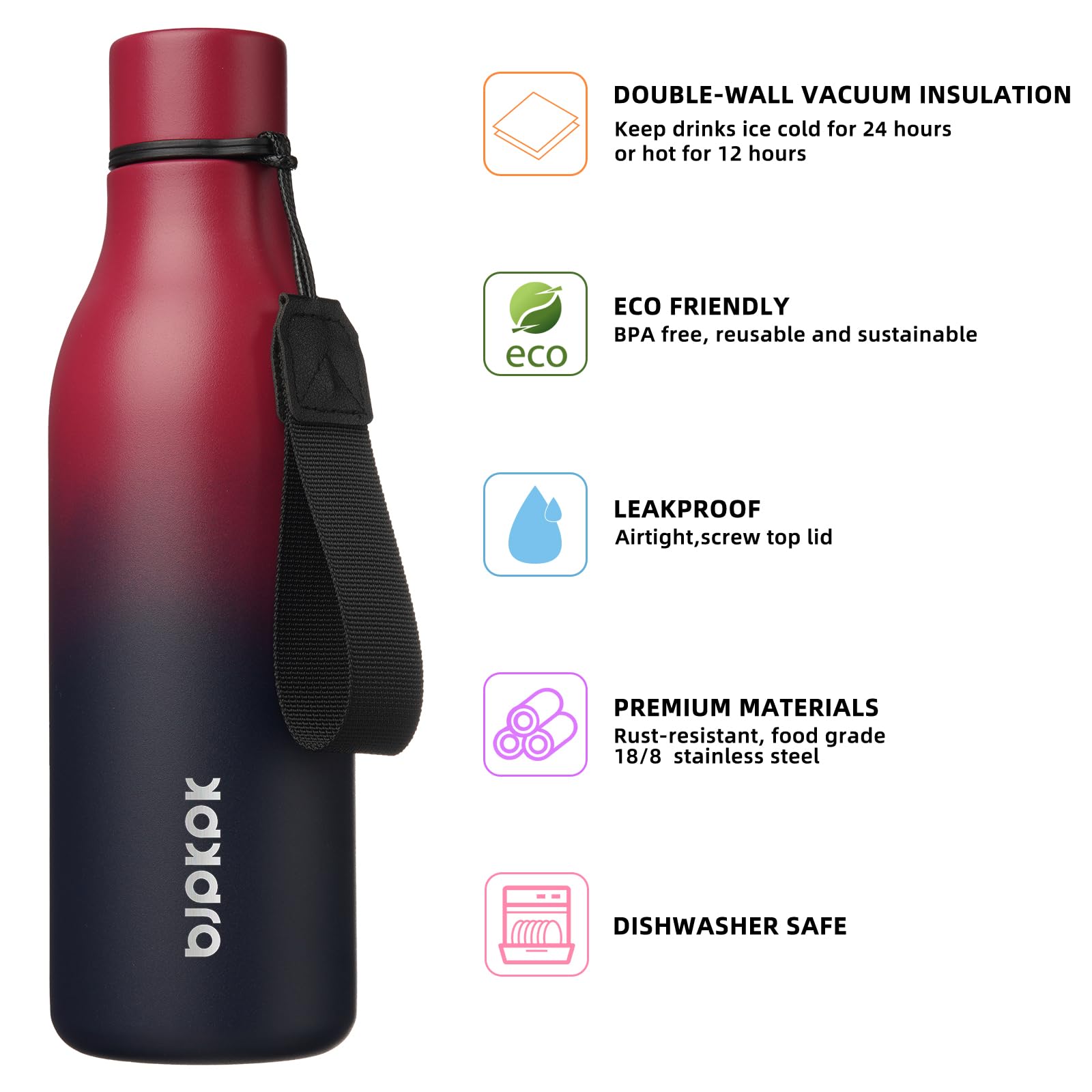 BJPKPK botella aislada de 18oz con tapa hermética, ideal para entrenamientos sin derrames.