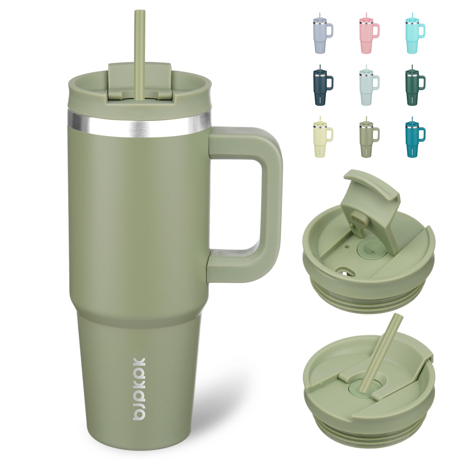 Tumbler BJPKPK 30 oz con asa ergonómica en verde salvia para uso diario.