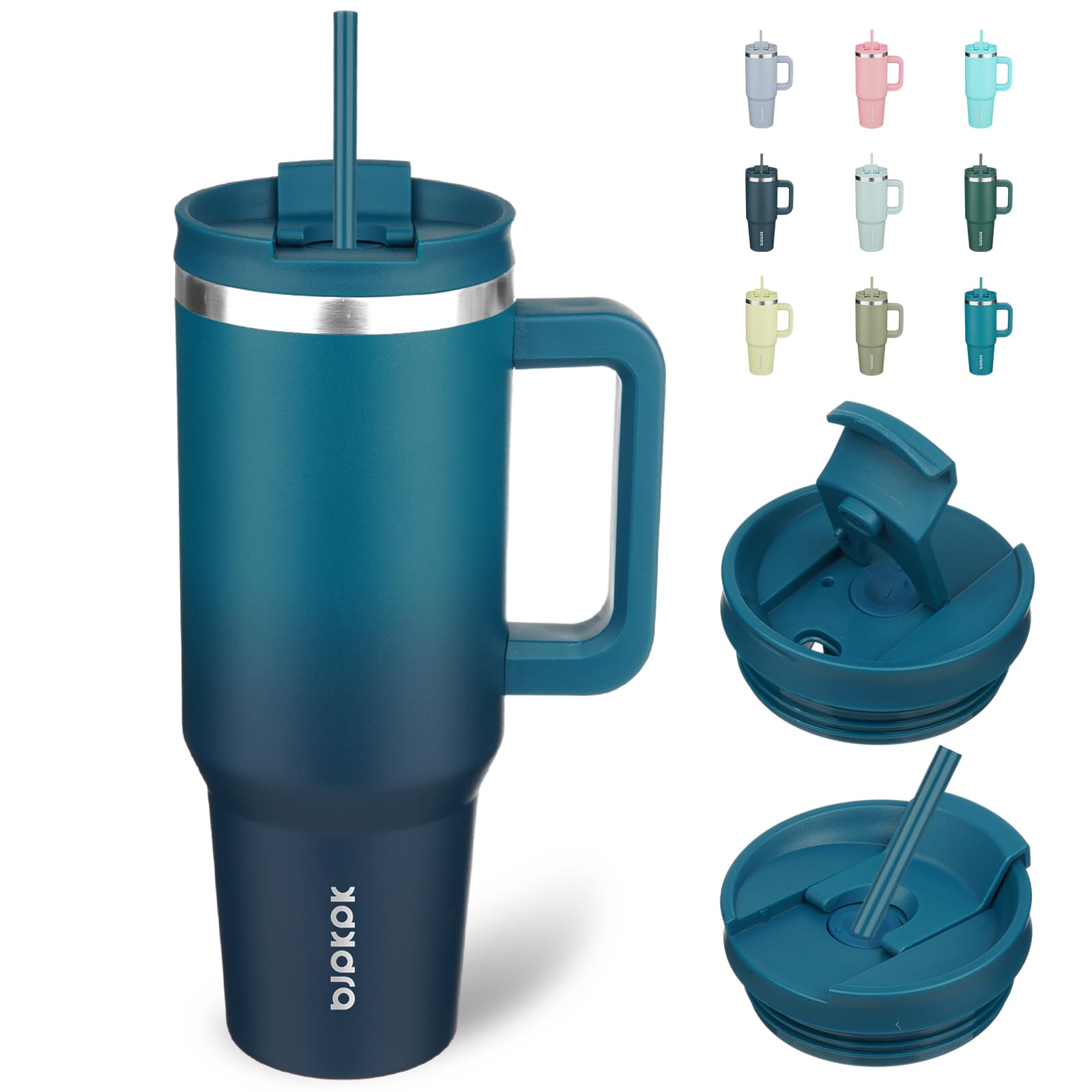 BJPKPK tumbler 40oz con asa, ideal para viajes y mantener bebidas a temperatura.