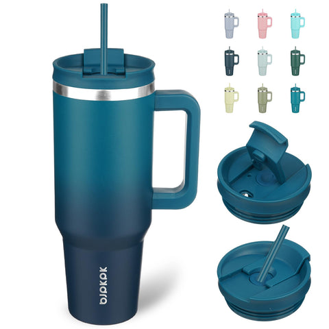 BJPKPK tumbler 40oz con asa, ideal para viajes y mantener bebidas a temperatura.