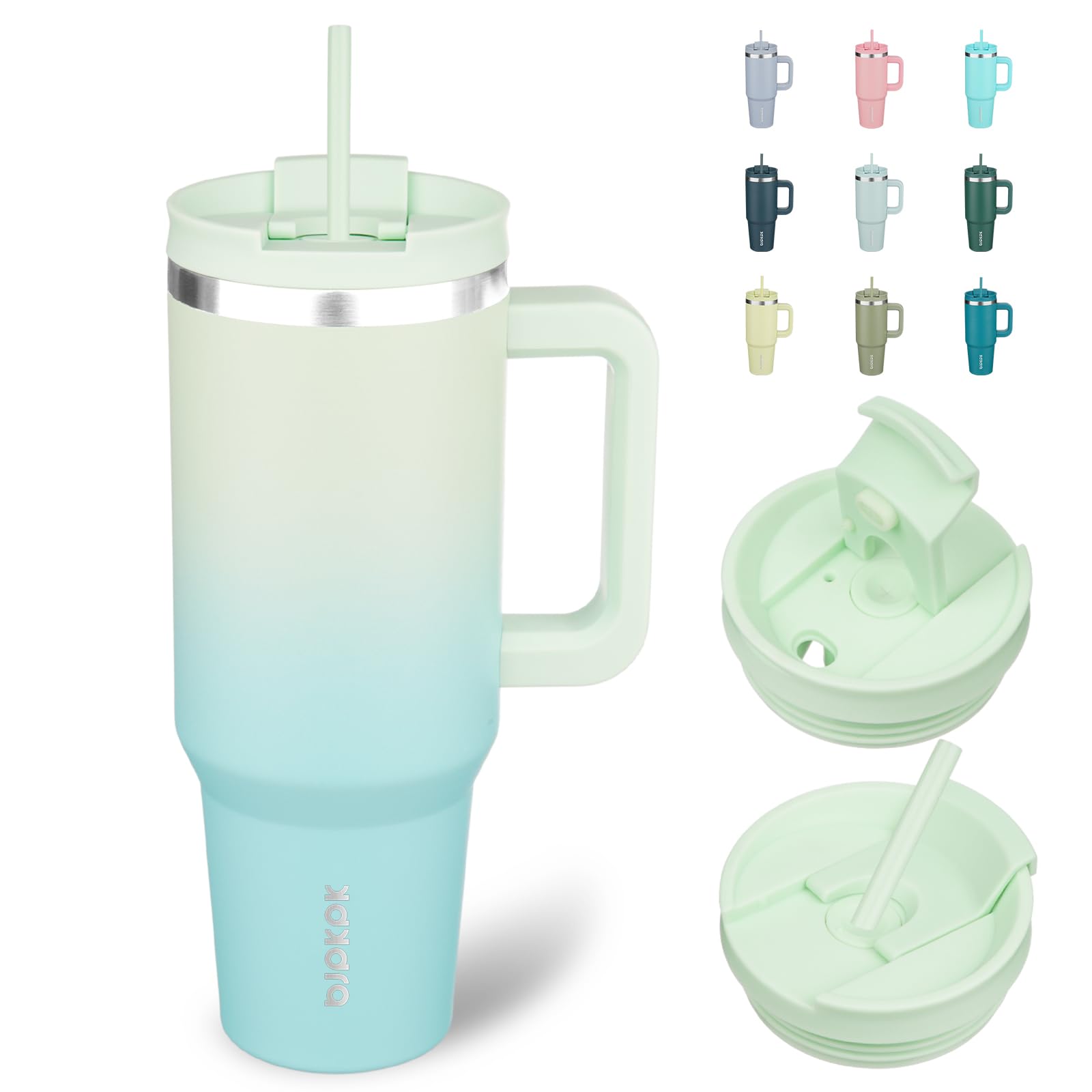 BJPKPK Tumbler 40 oz con mango ergonómico en color menta para uso diario.
