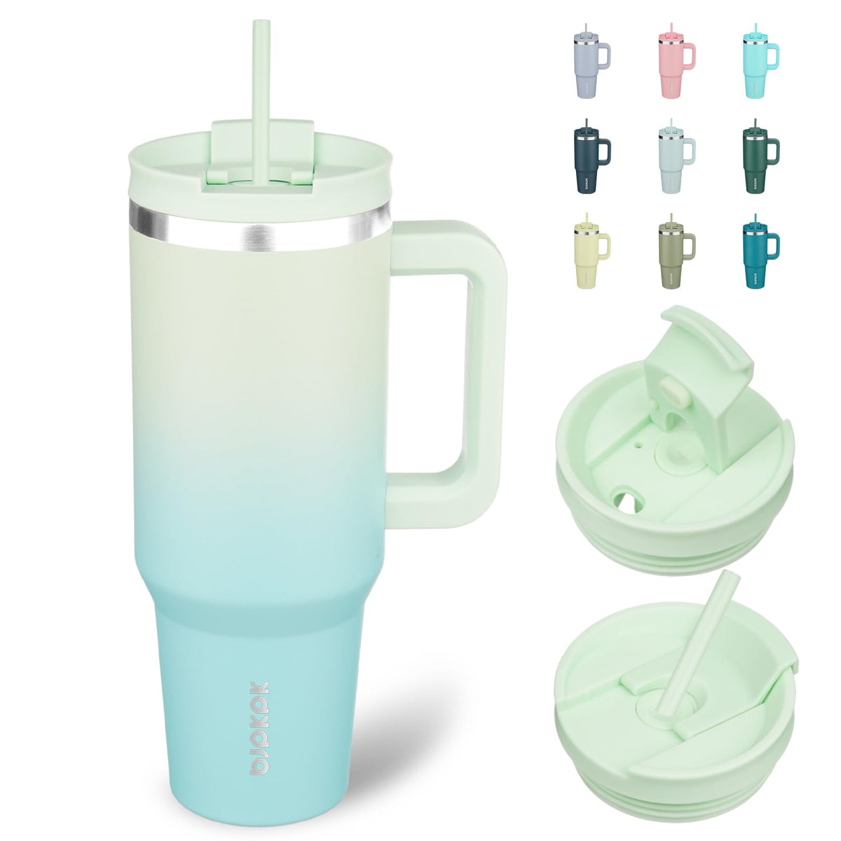 BJPKPK Tumbler 40 oz con mango ergonómico en color menta para uso diario.