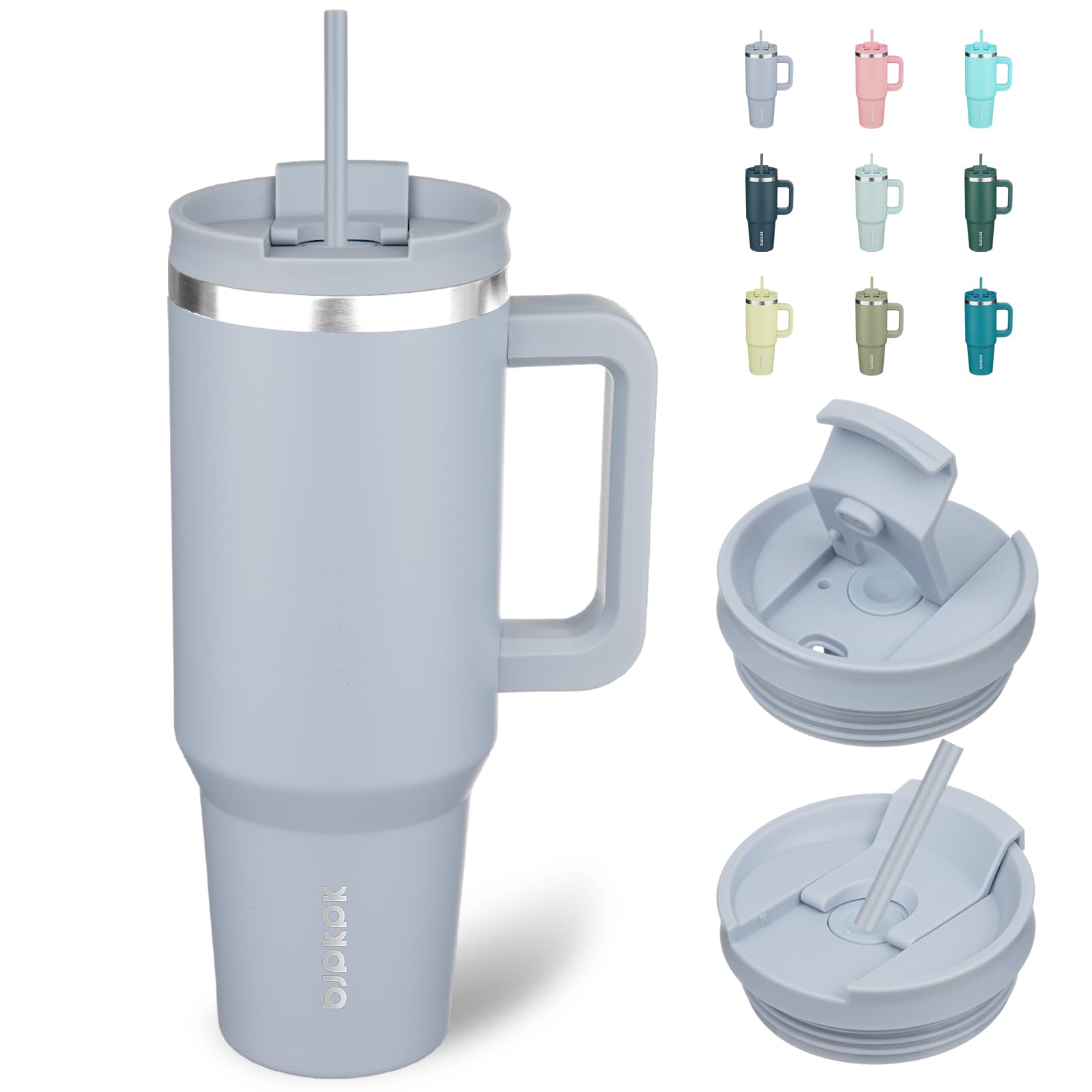 BJPKPK tumbler azul moderno con asa, ideal para llevar en movimiento.