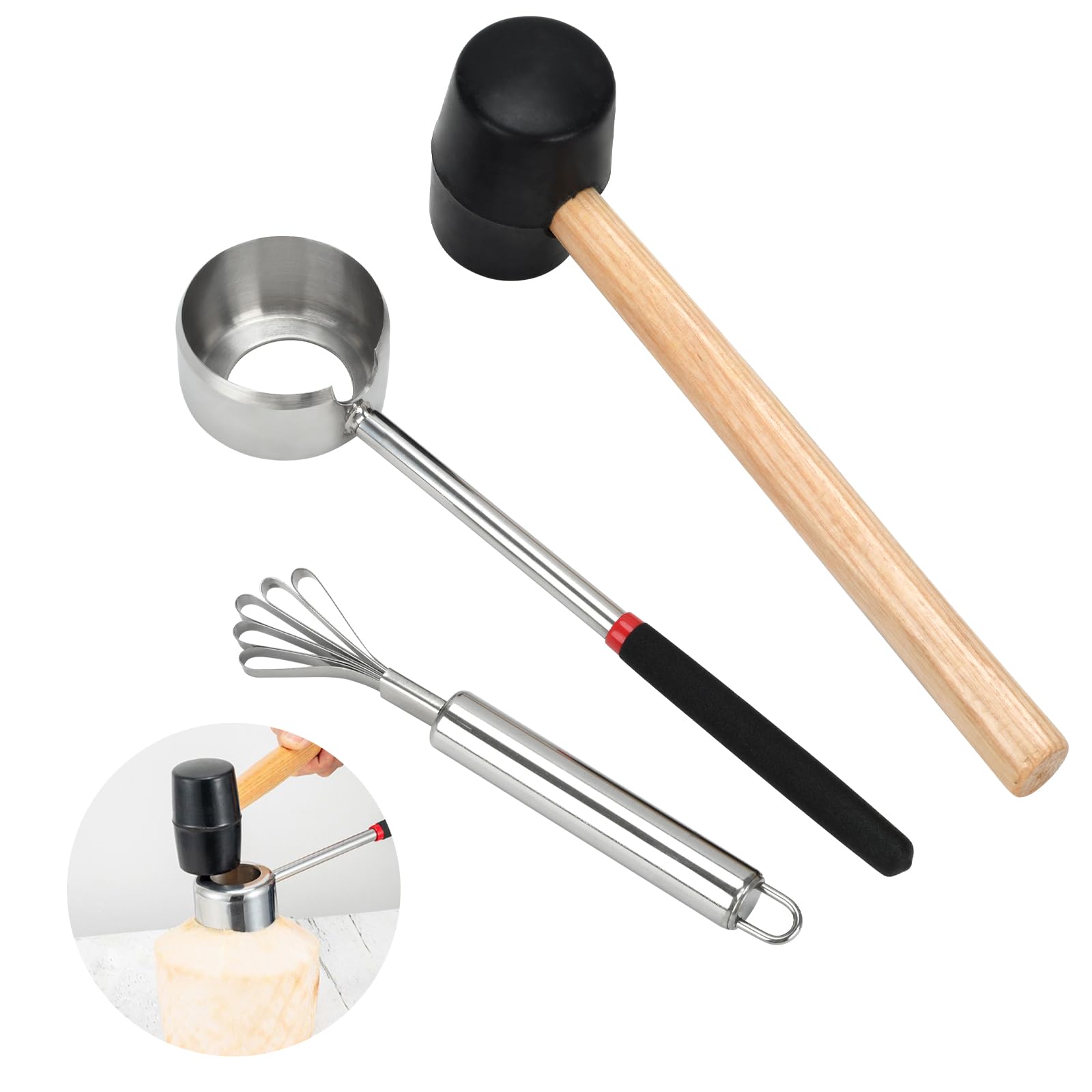 BJSSBJH conjunto abre cocos con tres herramientas, ideal para cocinas y salidas.