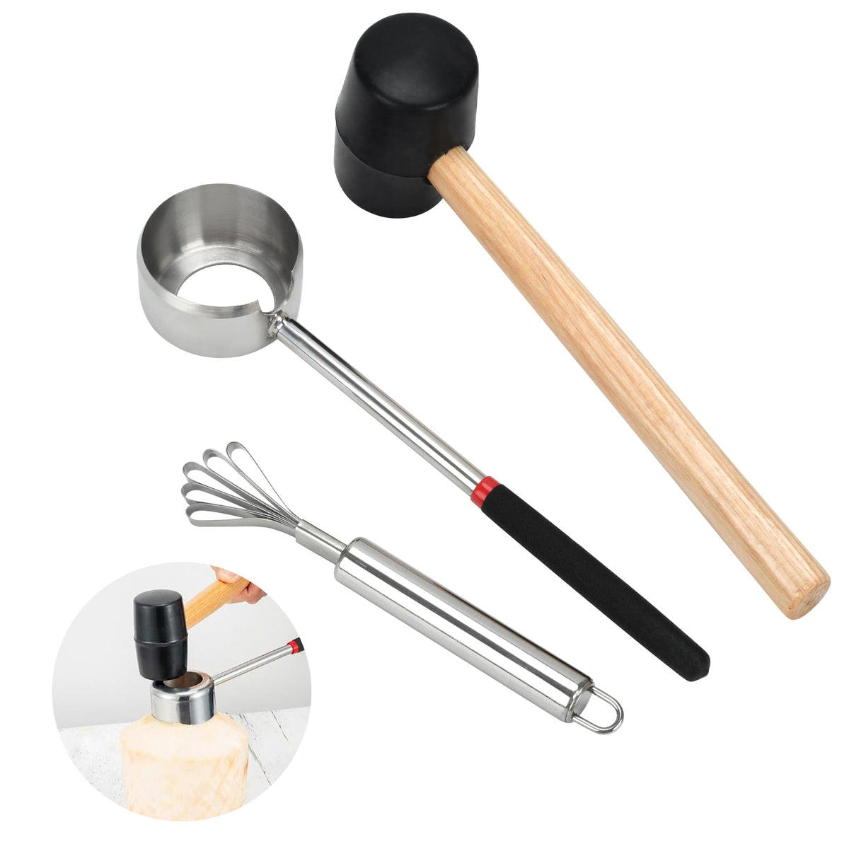 BJSSBJH conjunto abre cocos con tres herramientas, ideal para cocinas y salidas.