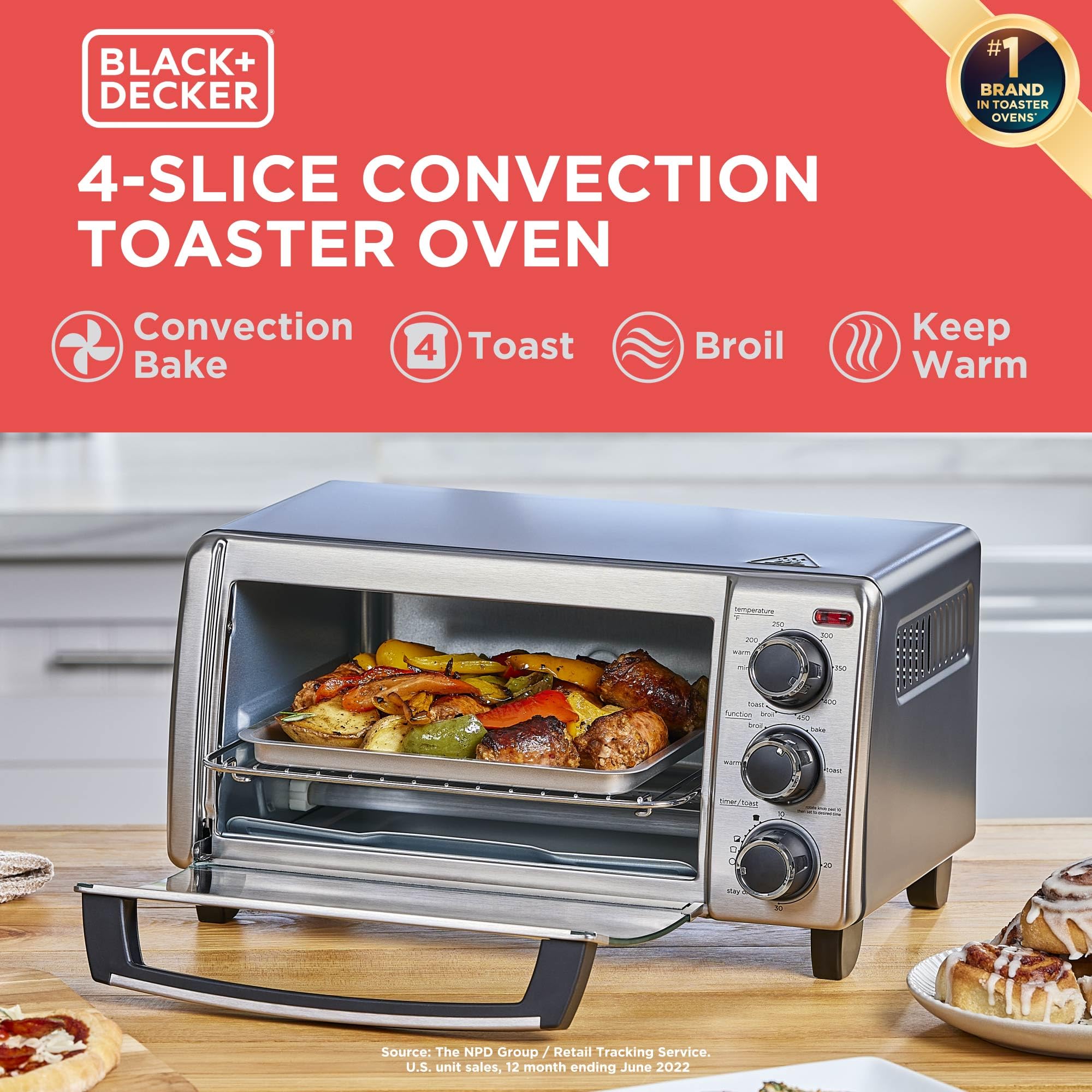 BLACK+DECKER ventana grande mostrando alimento dorándose, permite control visual seguro