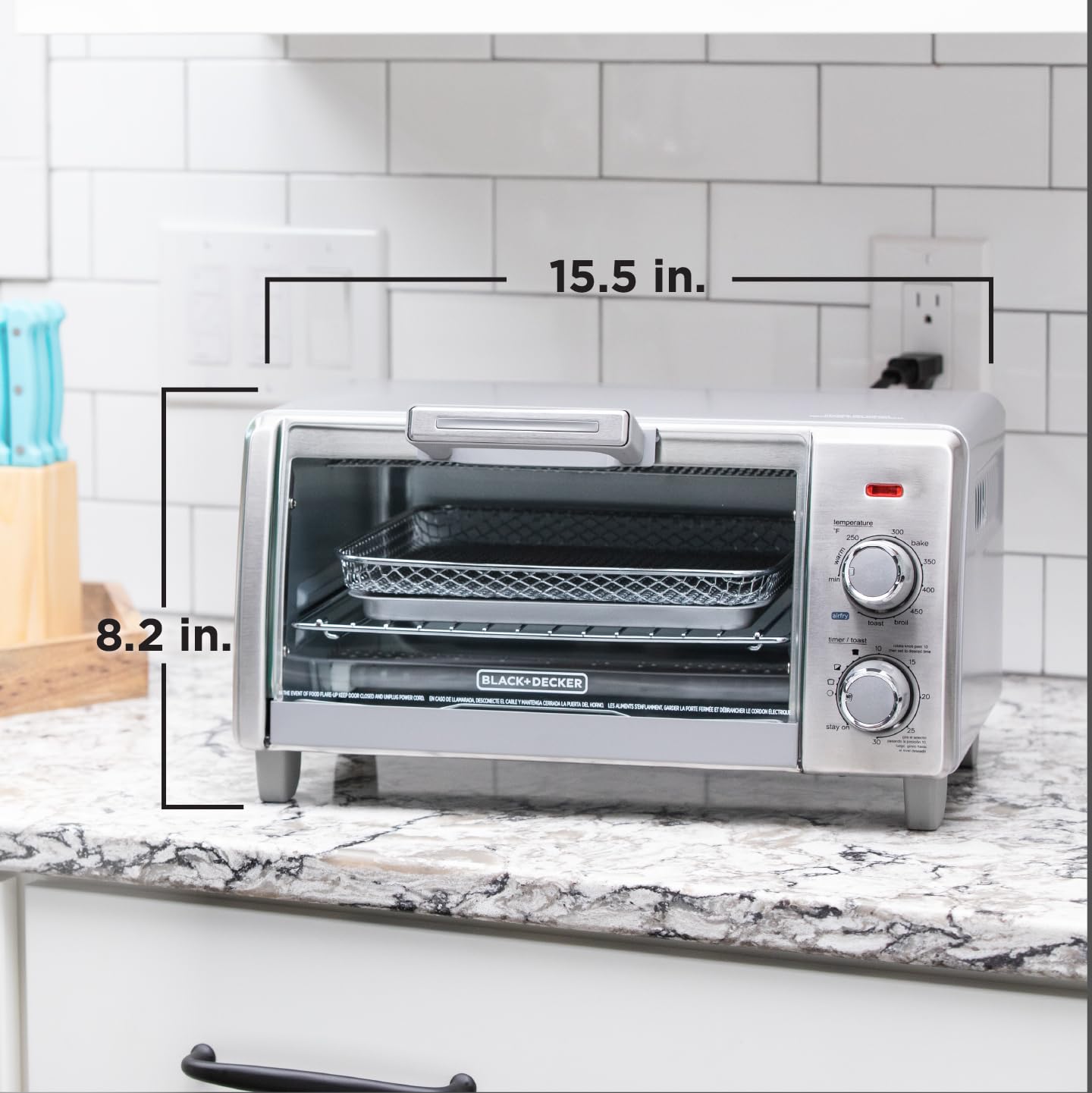 BLACK+DECKER comparación de tamaño con pizza de 9 pulgadas para visualizar capacidad