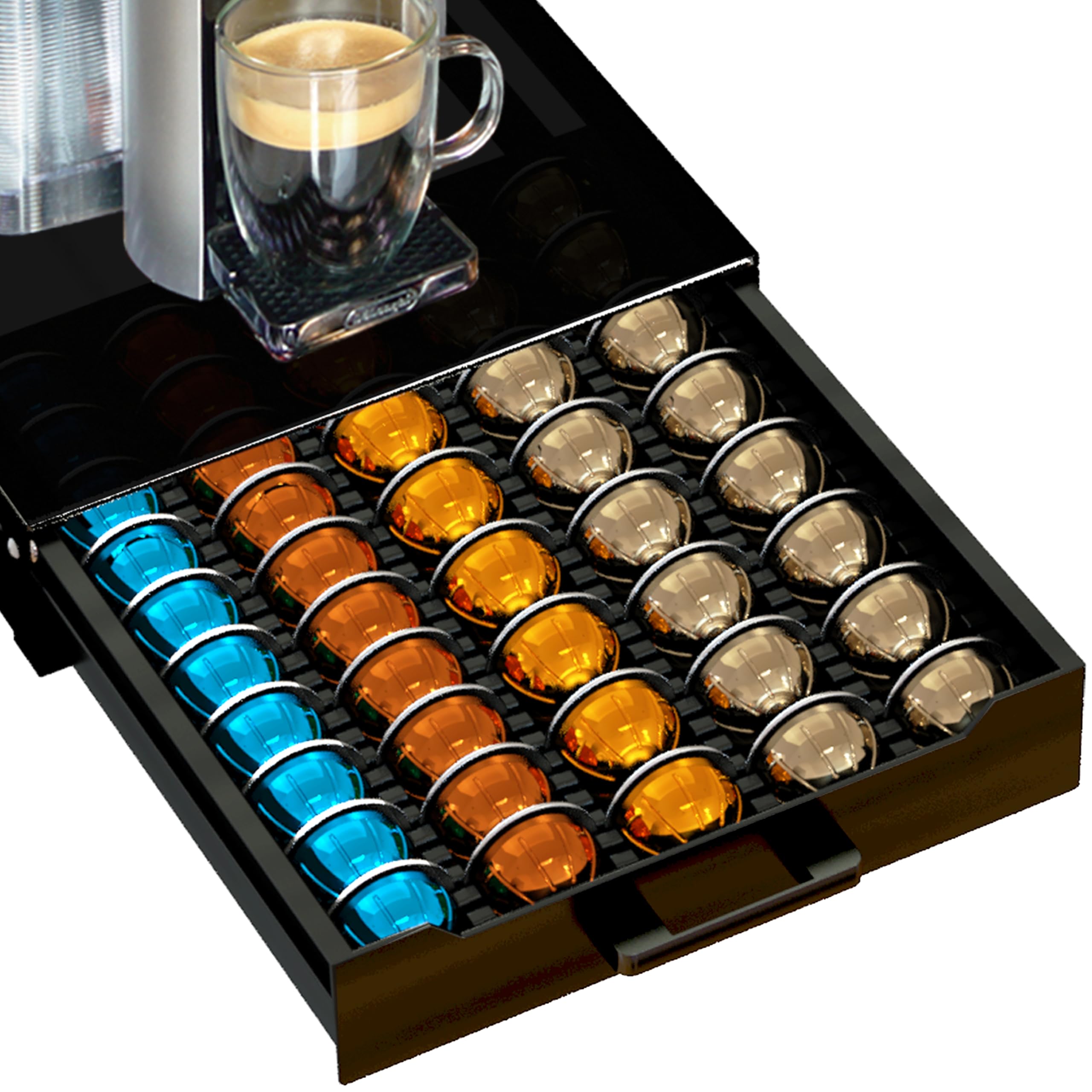 BLACKSMITH FAMILY portapods vertuo con tapa de vidrio negro, organizador elegante.