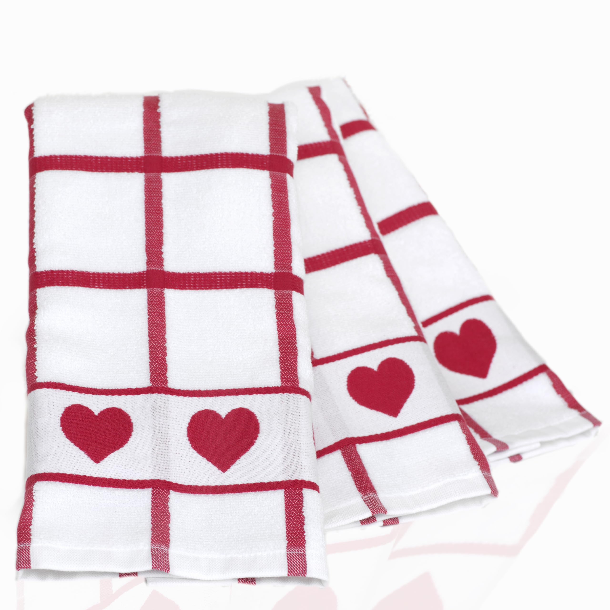 Toallas Blanco Home para cocina con corazones rojos, decoración ideal y secado eficiente.