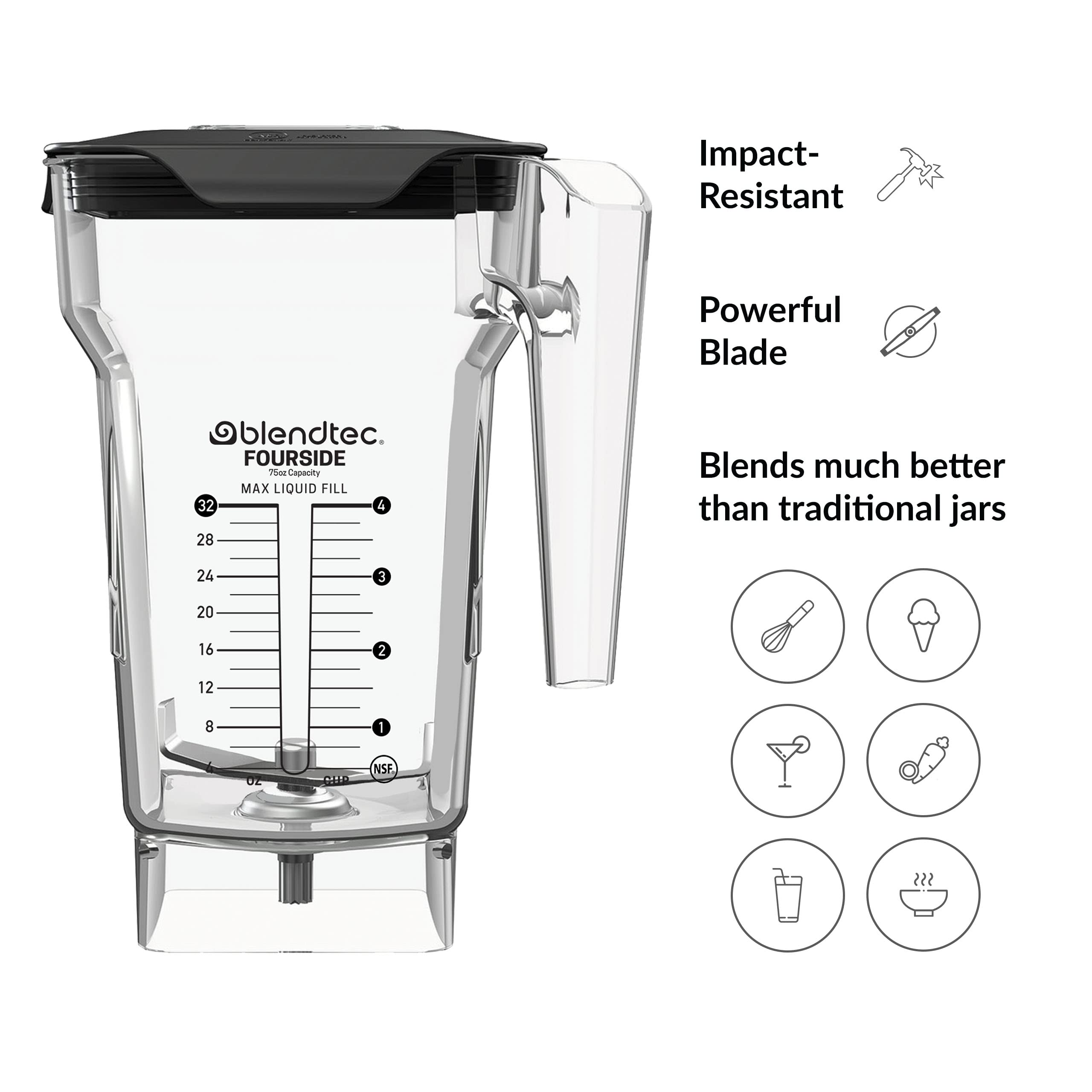 Blendtec Jarra cuatro-caras 75 oz, cuchilla roma para una mezcla suave y segura.