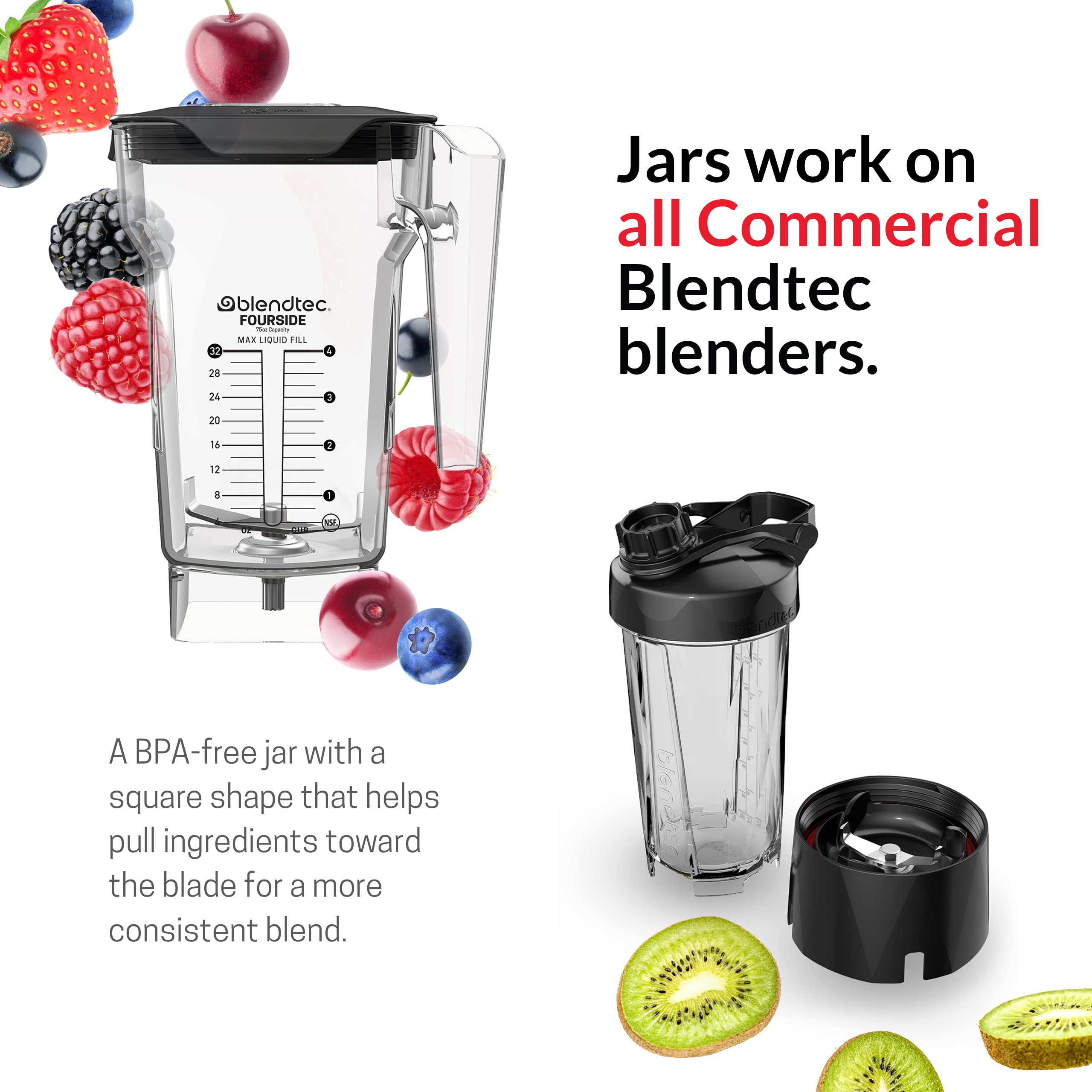 Blendtec Jarra cuatro-caras 75 oz, escala de medidas para mezclar y medir.