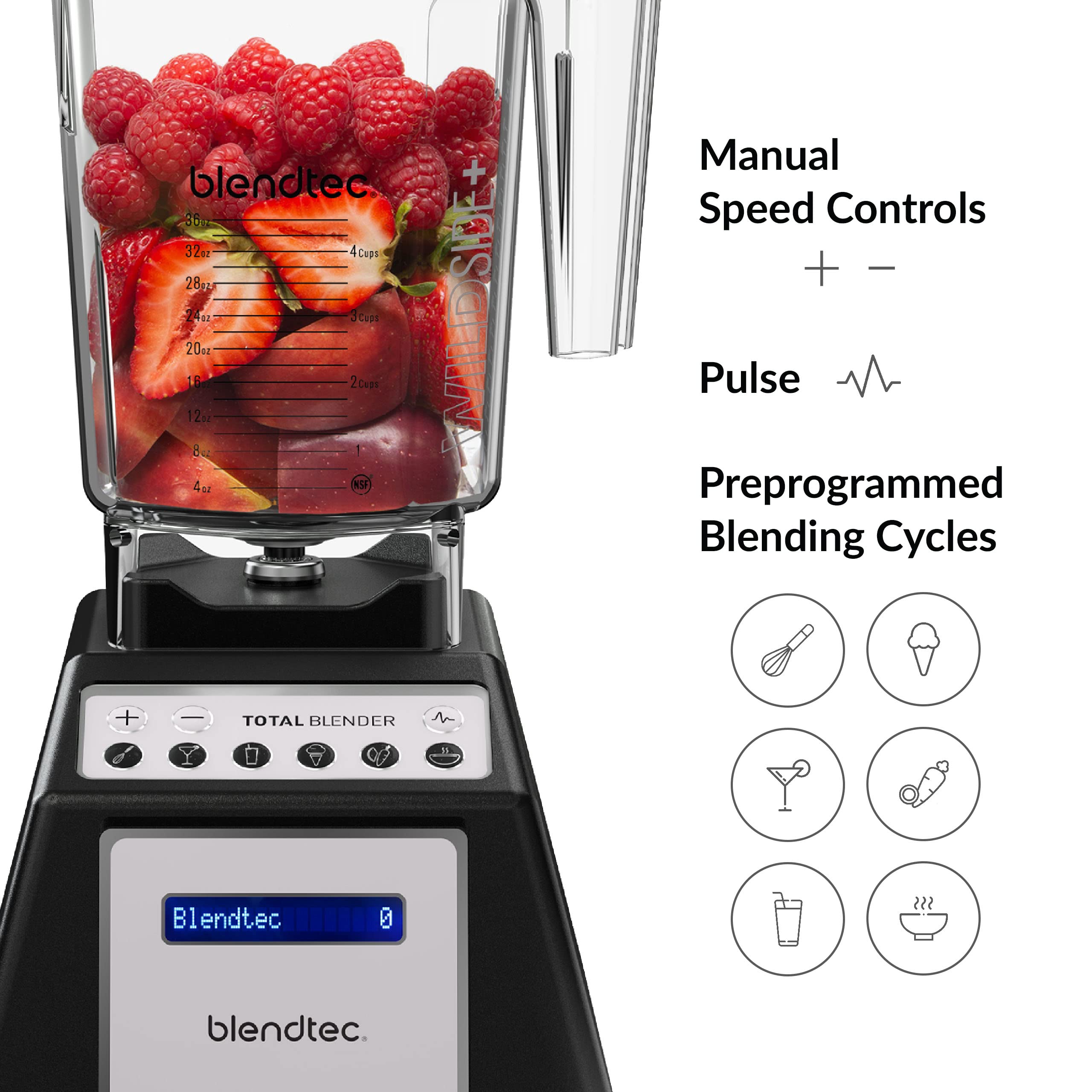 Licuadora Blendtec Total Classic Original incluye botón de limpieza automática para ahorrar tiempo.