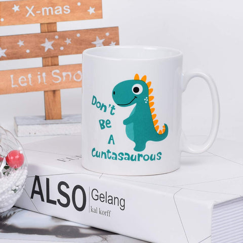 Taza BLEUM CADE dinosaurio, vista trasera, diseño que anima la jornada.