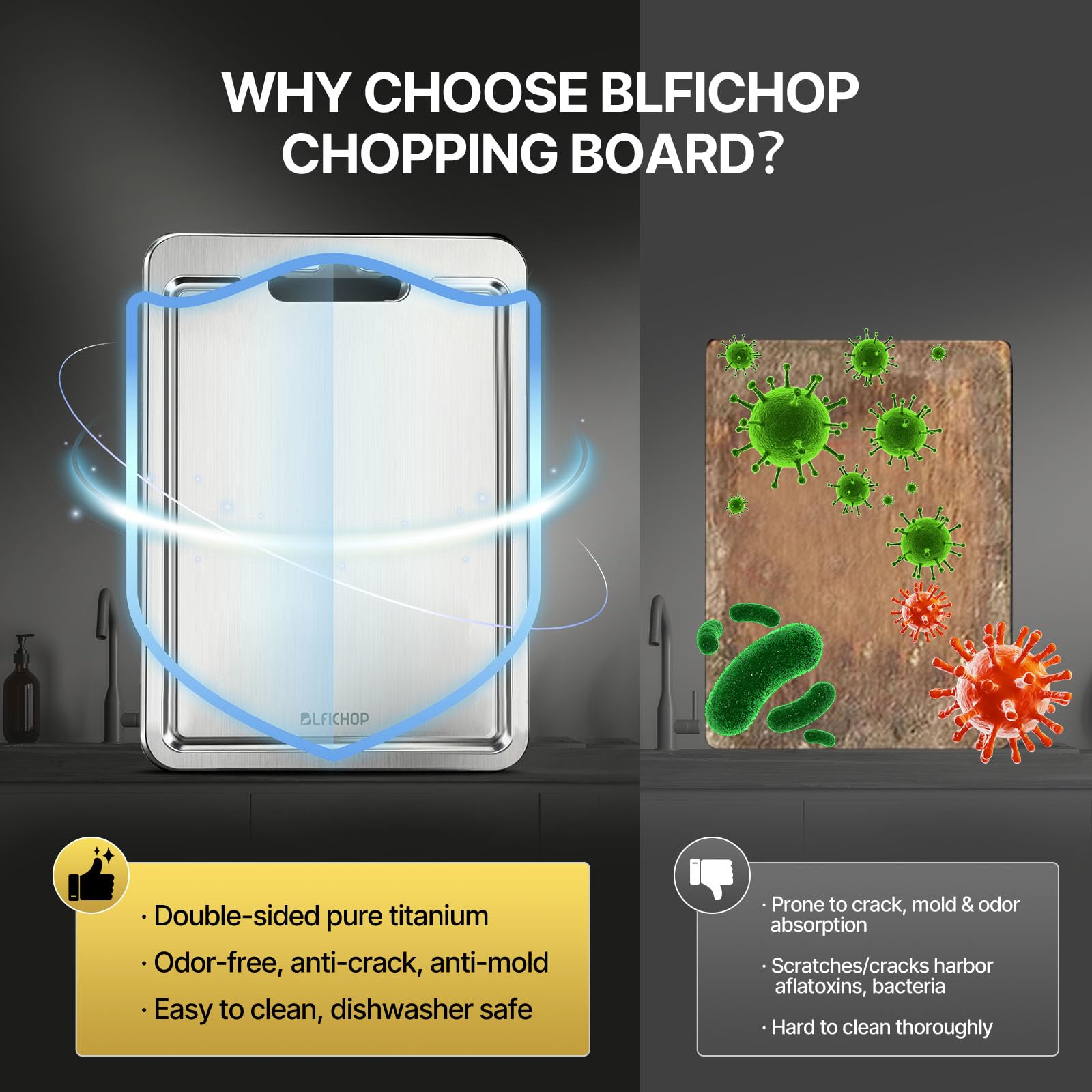 Blfichop tabla titanio apta para lavavajillas, limpieza rápida.