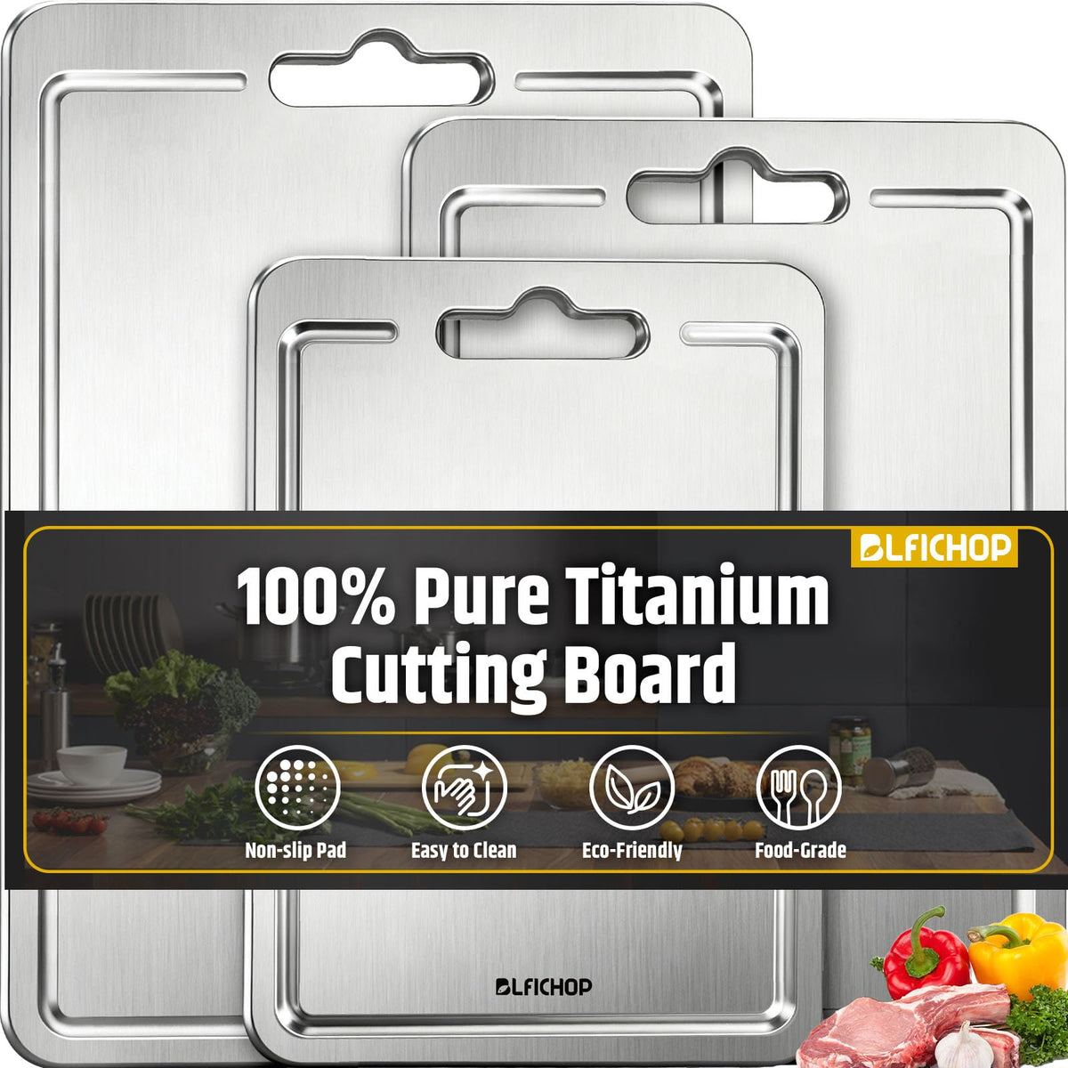 Blfichop tabla titanio de doble cara, ideal para carne cruda y vegetales.