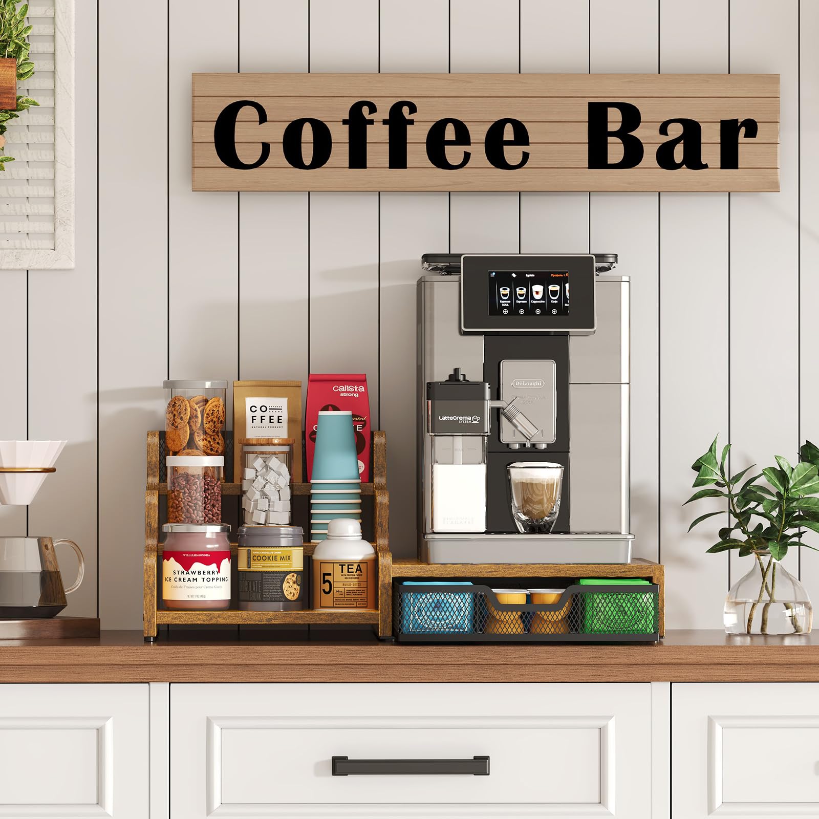 Bliesosfud estación de café medidas compactas, ideal para mostradores y oficinas.
